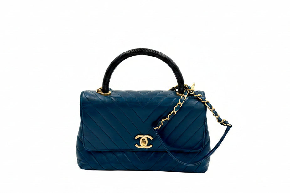 Pre-owned Chanel Blue Chevron  Calfskin and Lizard Coco Handle Medium - Authenticated