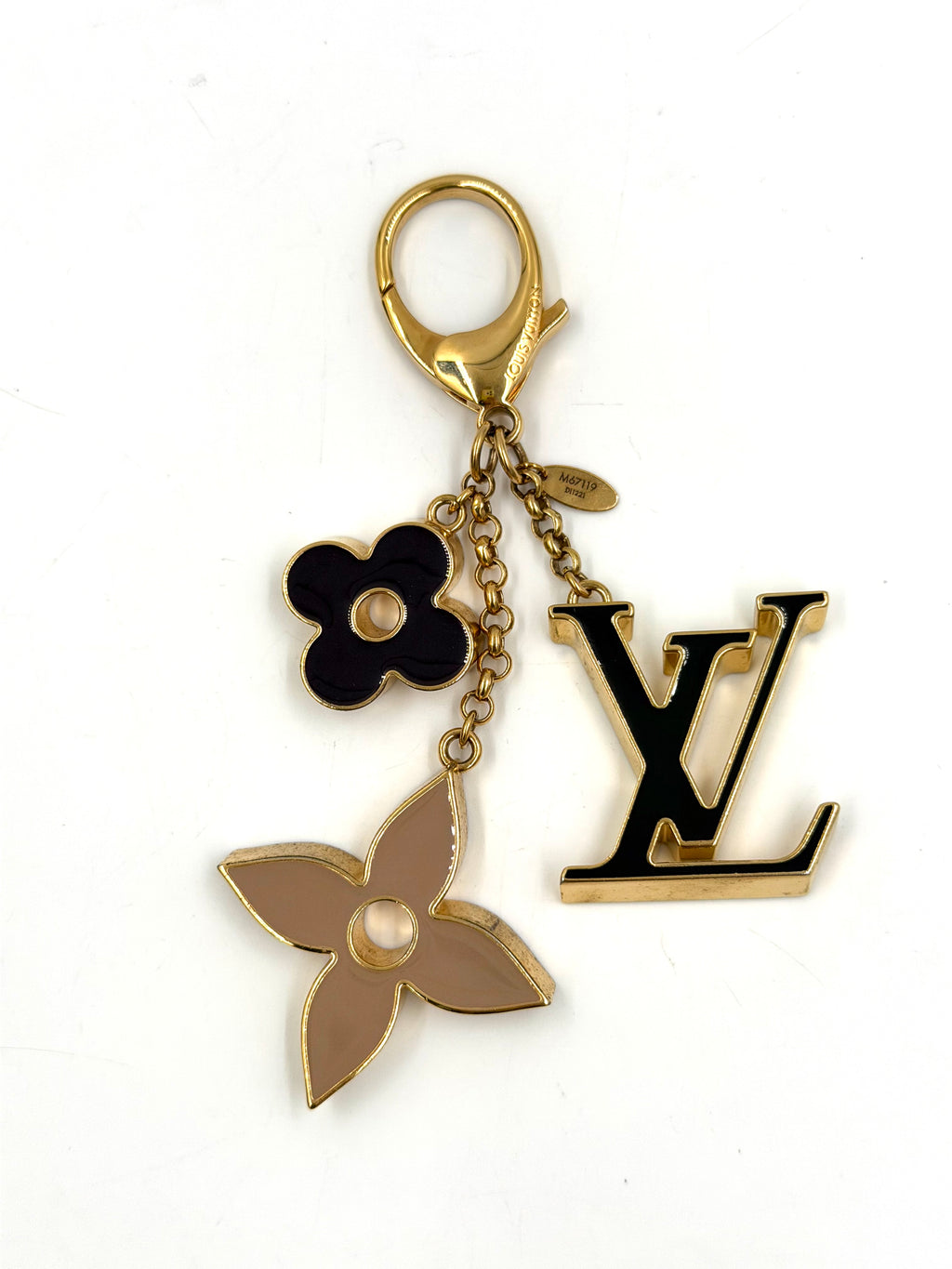 Pre-owned Louis Vuitton Fleur de Monogram Bag Charm Gold-Tone Black Beige Enamel