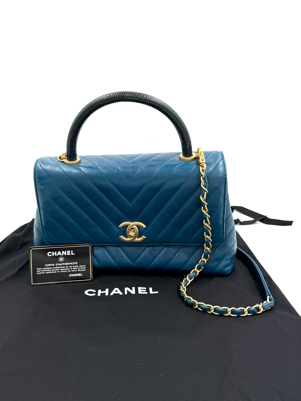 Pre-owned Chanel Blue Chevron  Calfskin and Lizard Coco Handle Medium - Authenticated