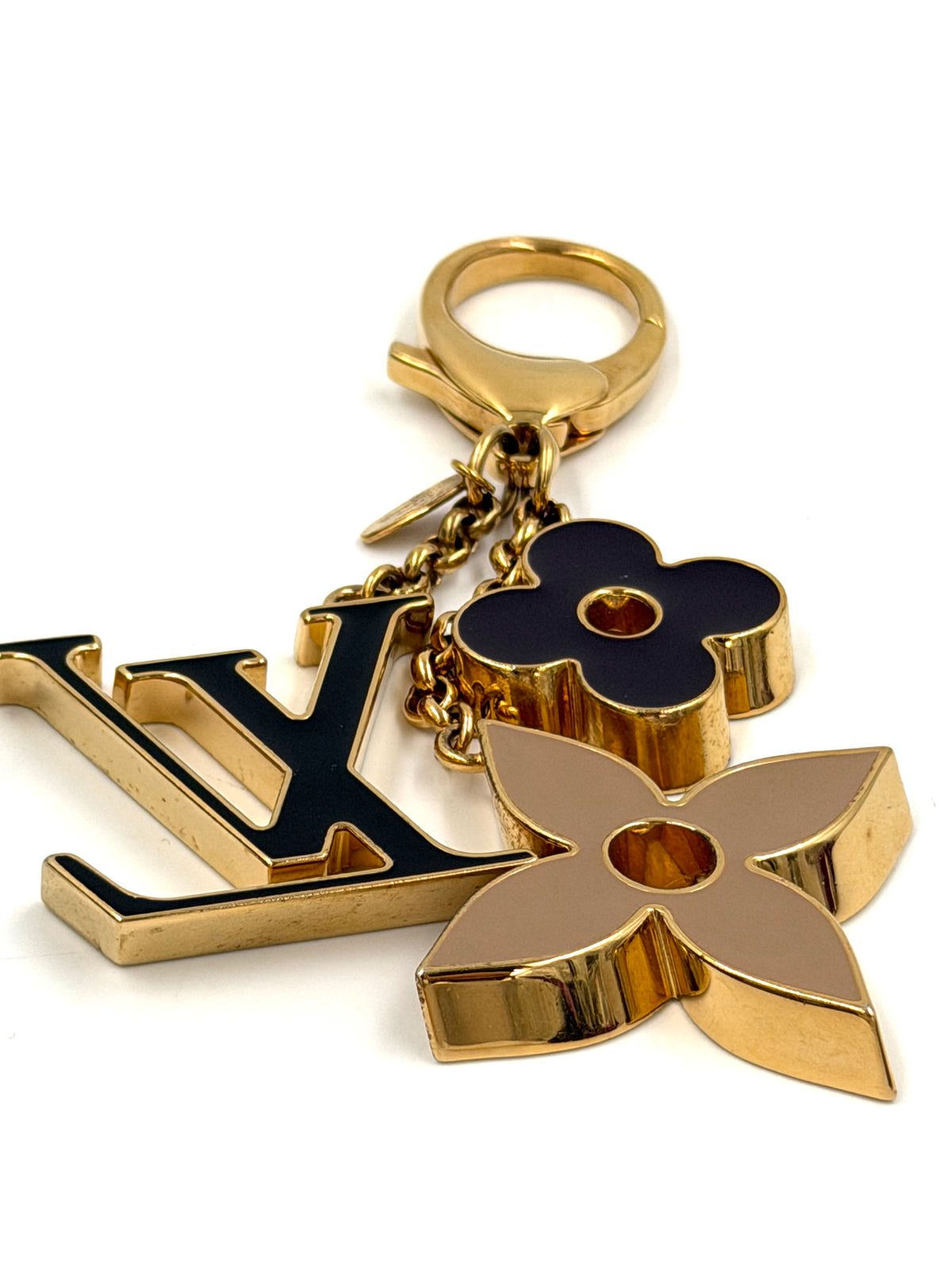 Pre-owned Louis Vuitton Fleur de Monogram Bag Charm Gold-Tone Black Beige Enamel