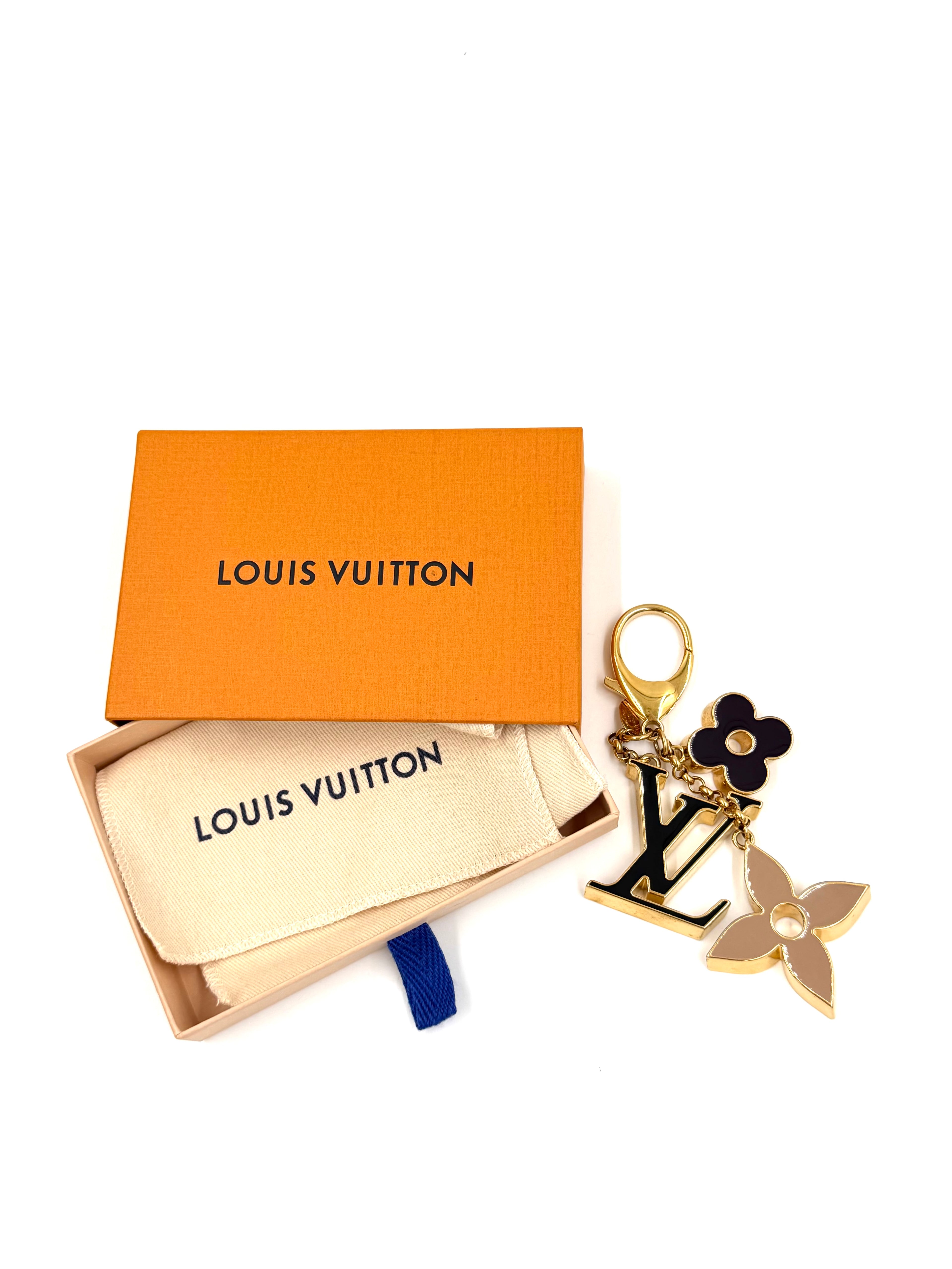 Pre-owned Louis Vuitton Fleur de Monogram Bag Charm Gold-Tone Black Beige Enamel