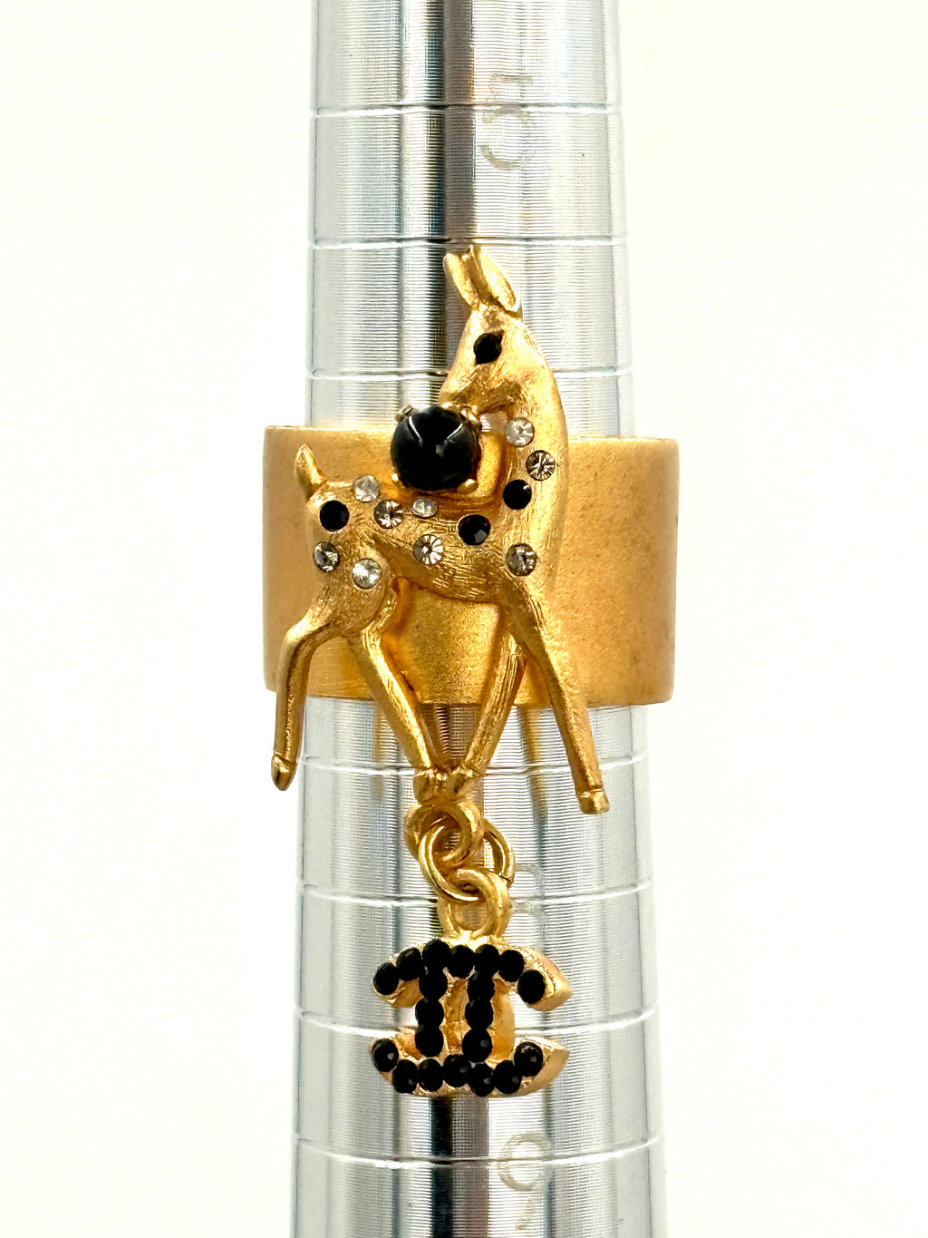 Pre-Owned Chanel CC Logo Gold Band Ring Size 7 Black Clear Rhinestone Deer Dangling CC - Authenticated