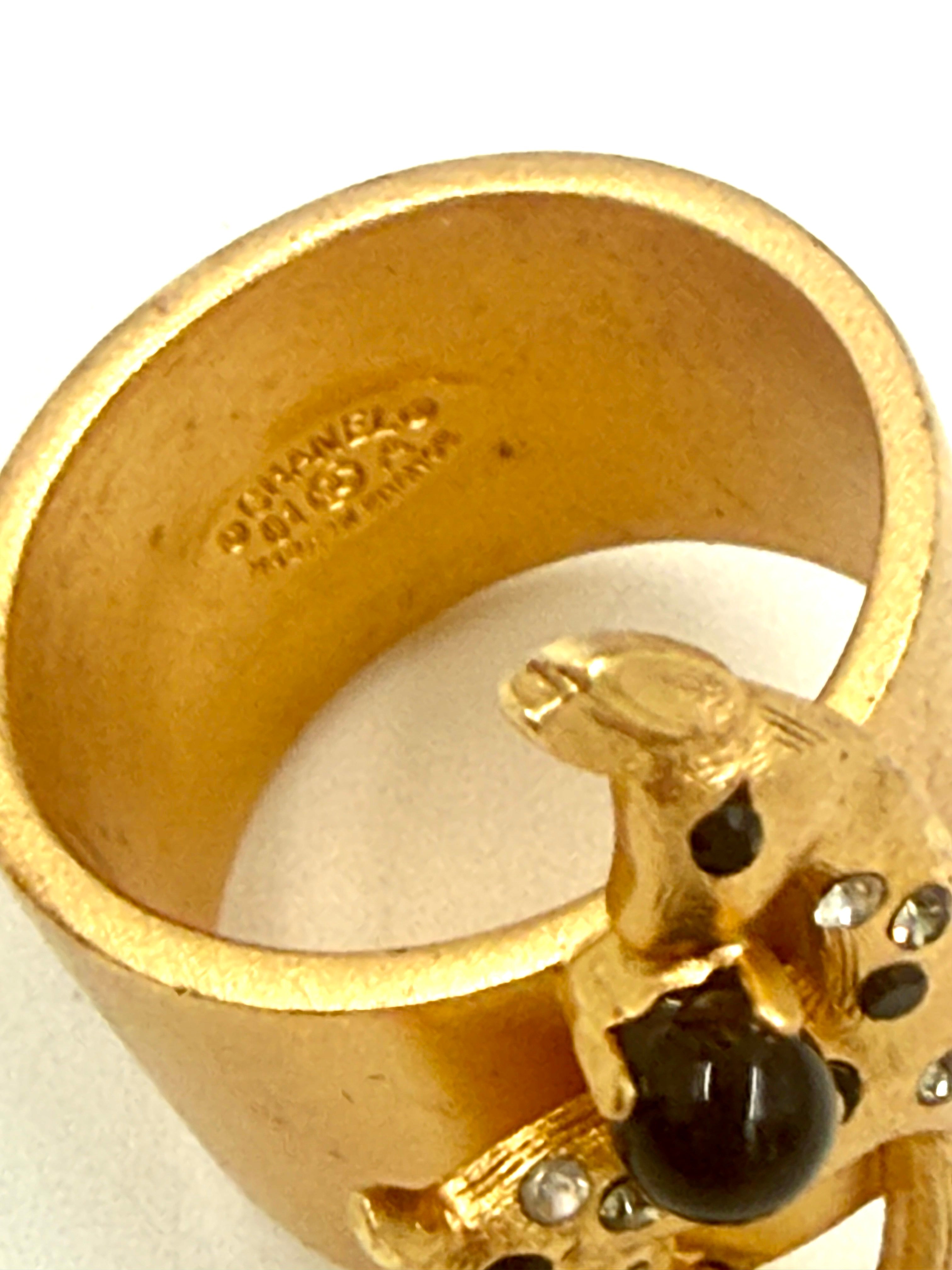 Pre-Owned Chanel CC Logo Gold Band Ring Size 7 Black Clear Rhinestone Deer Dangling CC - Authenticated