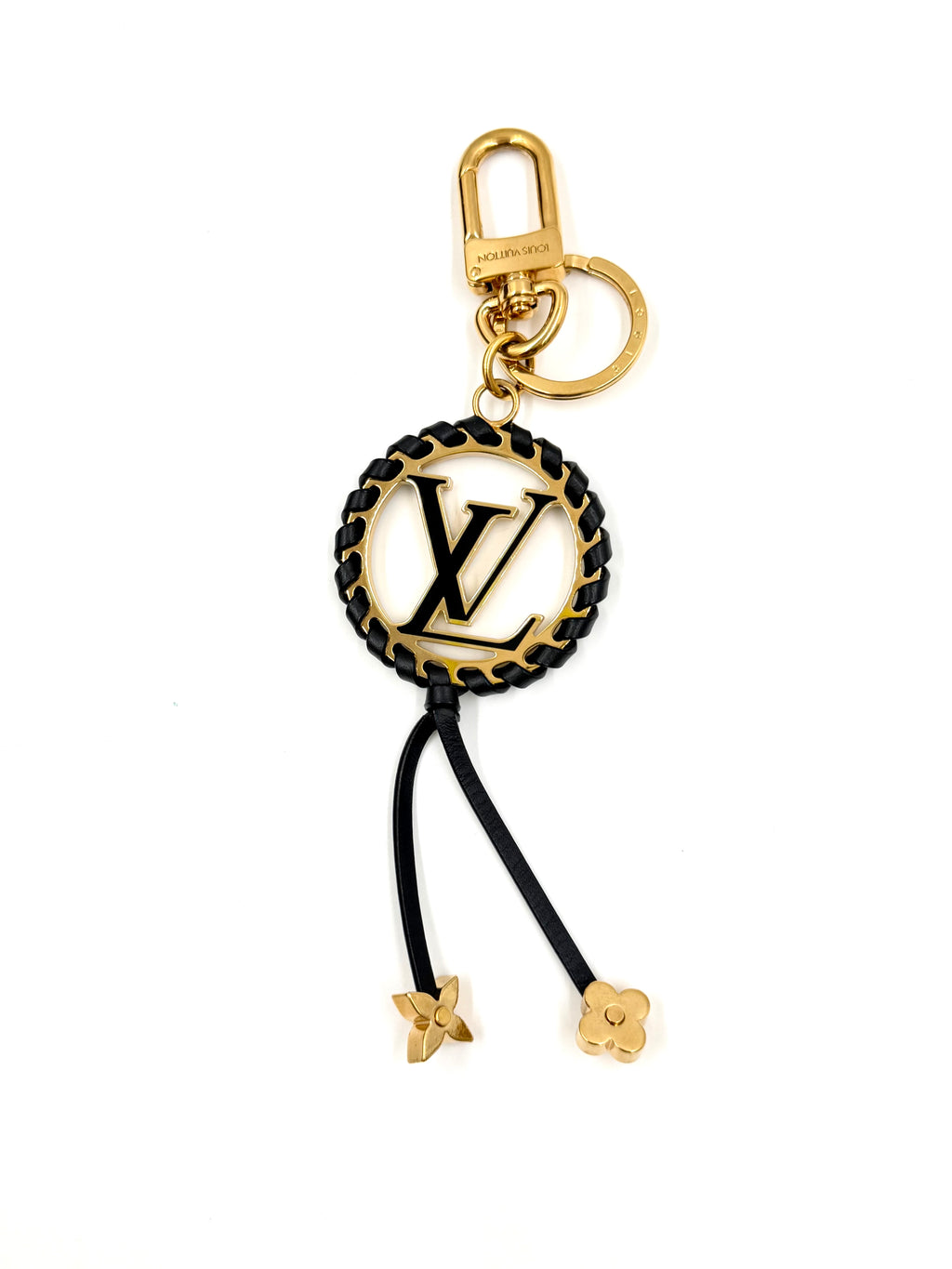 Pre-owned Louis Vuitton Very Bag Charm Key Holder Black Braided Lambskin Gold Monogram Flower