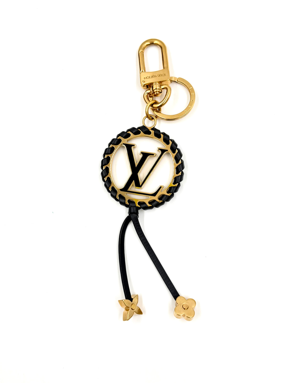 Pre-owned Louis Vuitton Very Bag Charm Key Holder Black Braided Lambskin Gold Monogram Flower