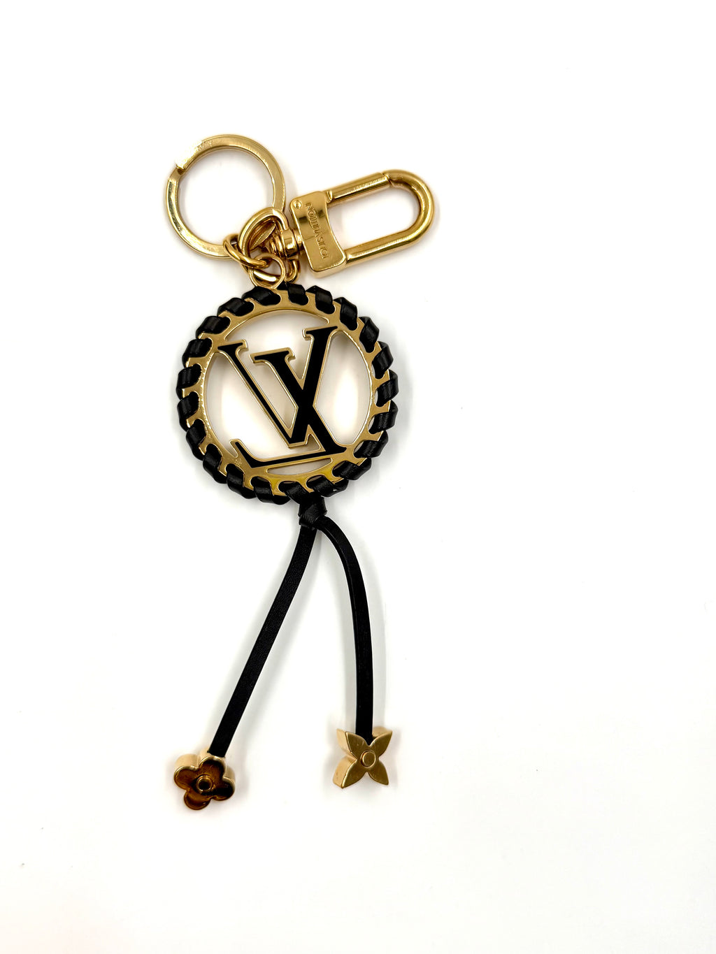 Pre-owned Louis Vuitton Very Bag Charm Key Holder Black Braided Lambskin Gold Monogram Flower