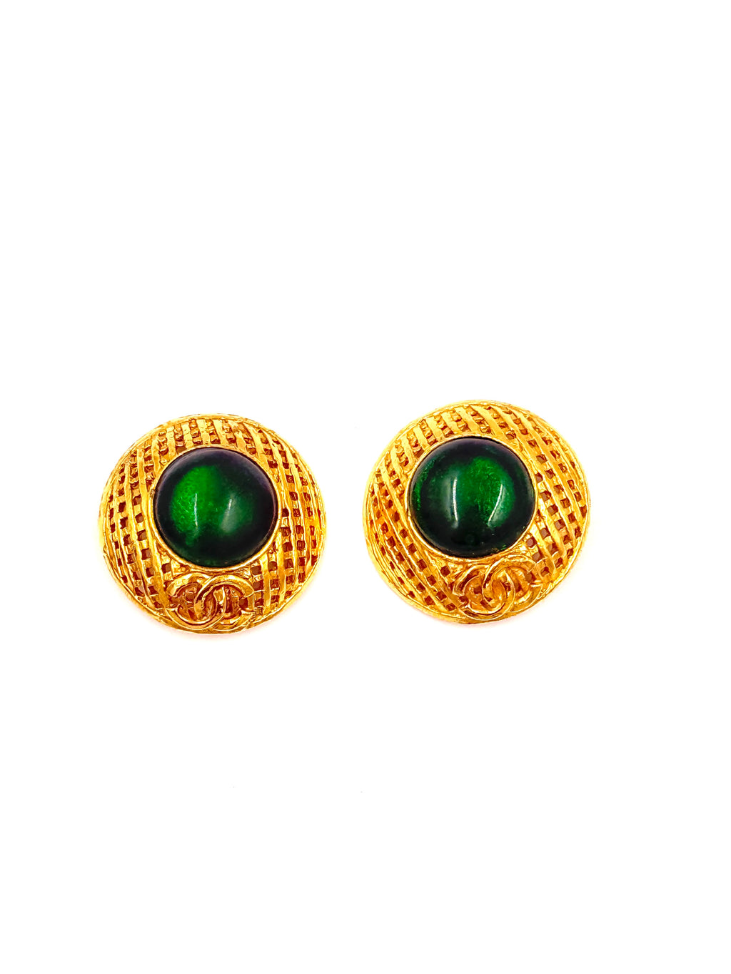 Pre-Owned Chanel Vintage Green Gripoix Clip-On Earrings Gold Tone - Authenticated