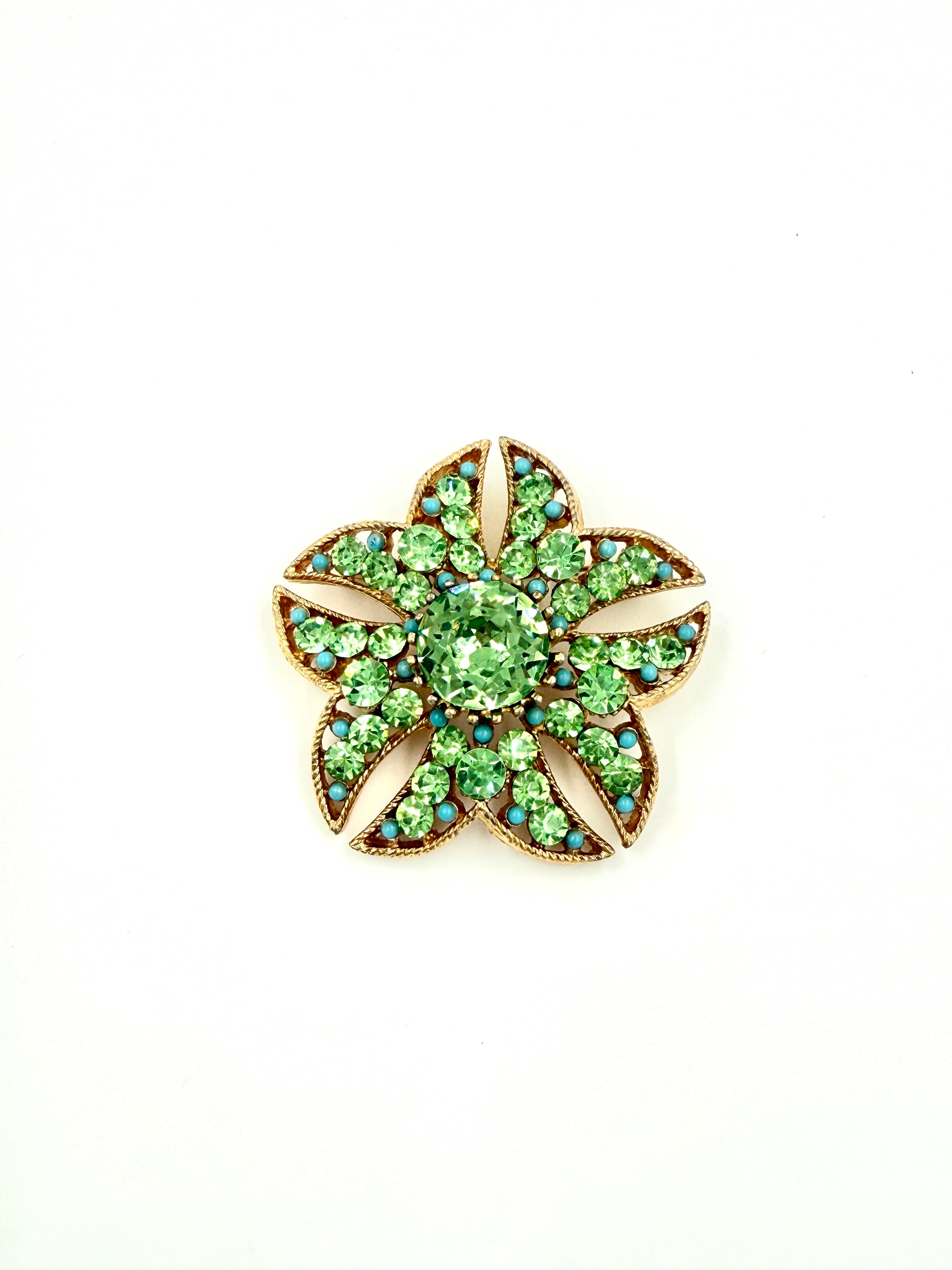 Pre-Owned Vintage BSK Green Rhinestone Flower Brooch Pin