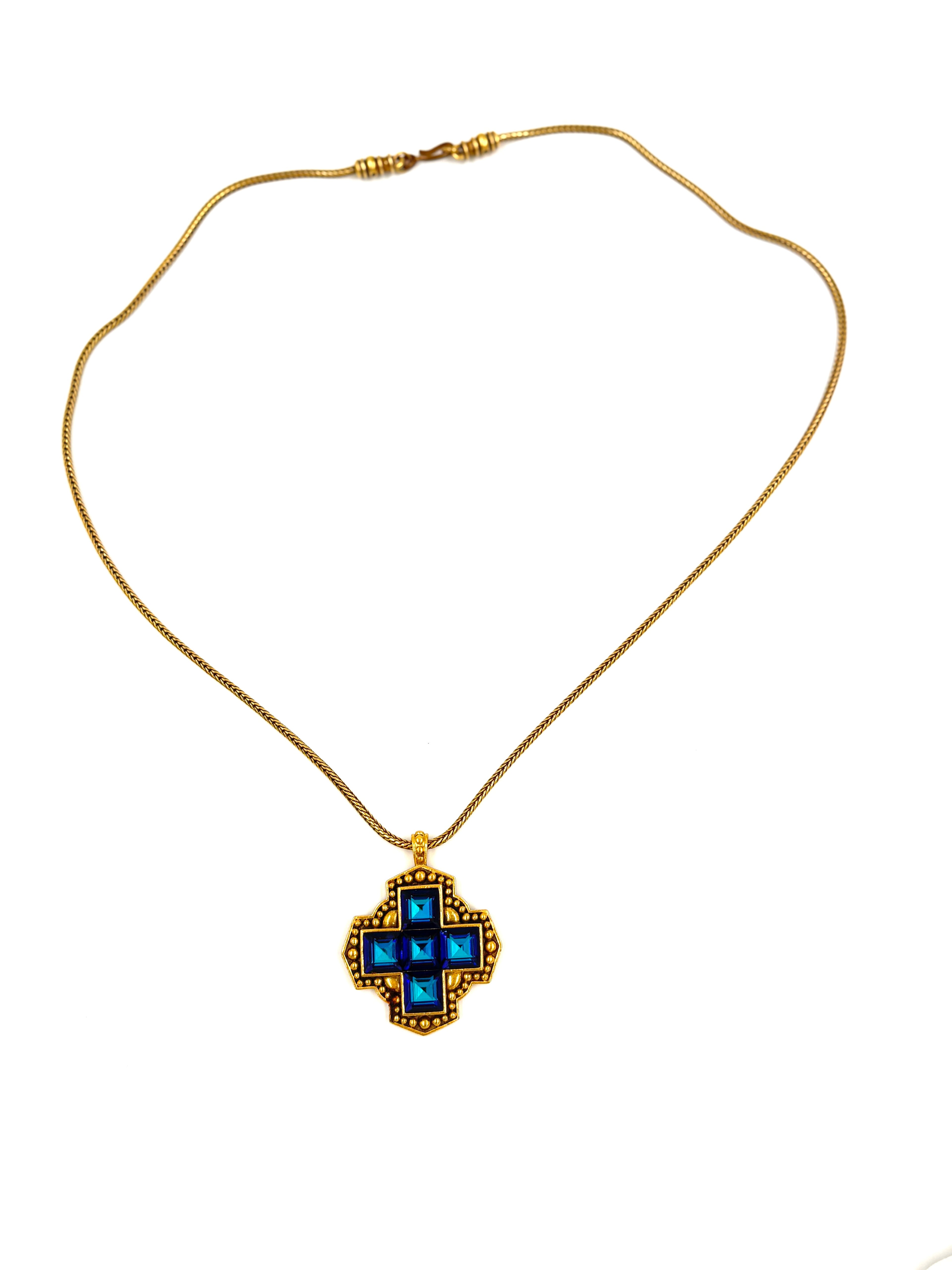 Pre-Owned YSL Blue Glass Maltese Cross Gold Tone Pendant Necklace - Authenticated