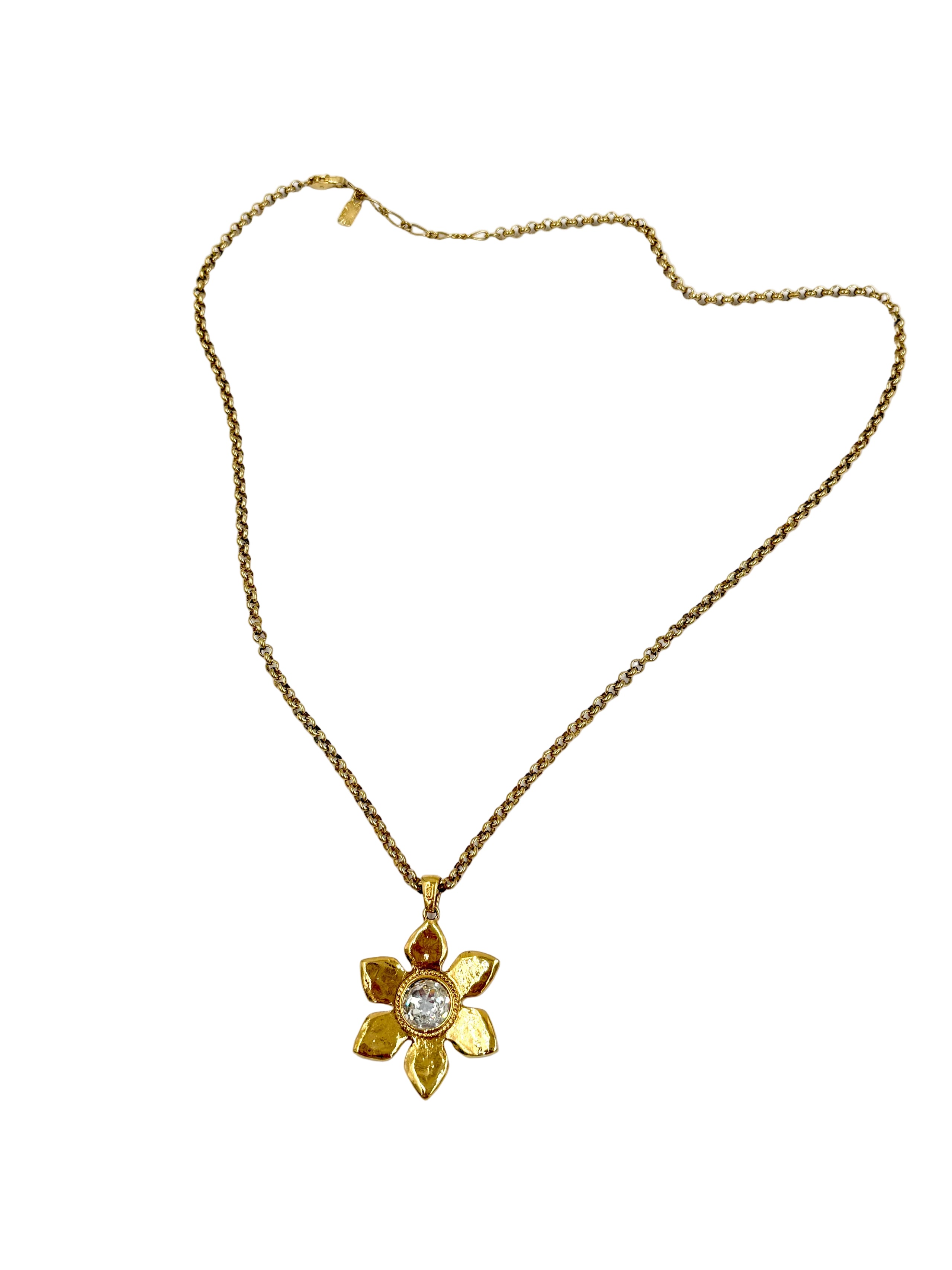 Pre-Owned Saint Laurent Gold Tone Flower Necklace with Crystal Center - Authenticated