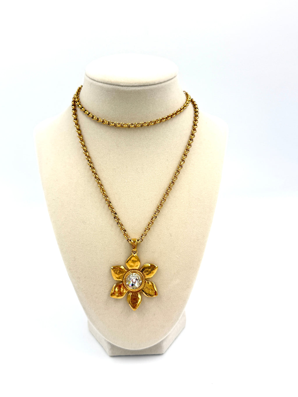 Pre-Owned Saint Laurent Gold Tone Flower Necklace with Crystal Center - Authenticated