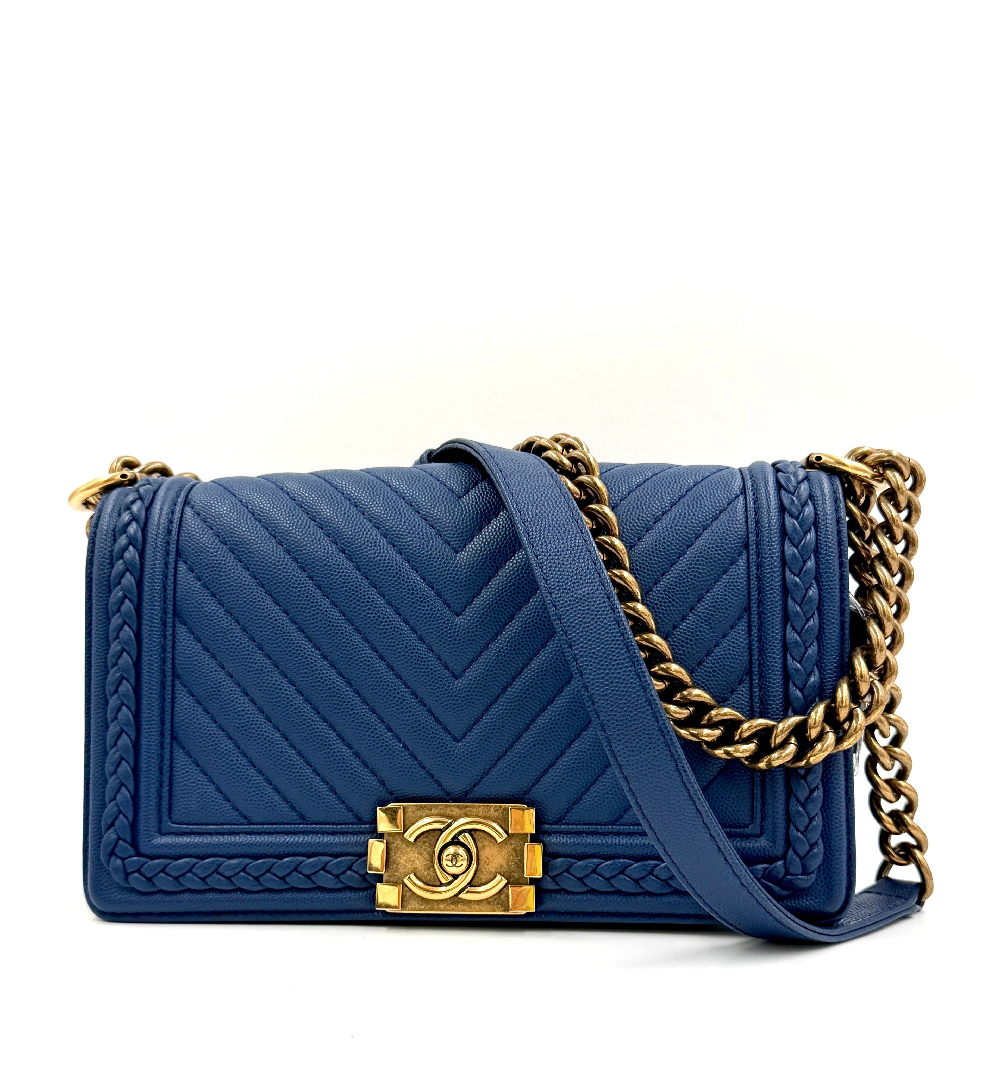 Pre-owned Chanel Medium Chevron Boy Bag Blue Caviar Leather Braided Trim - Authenticated