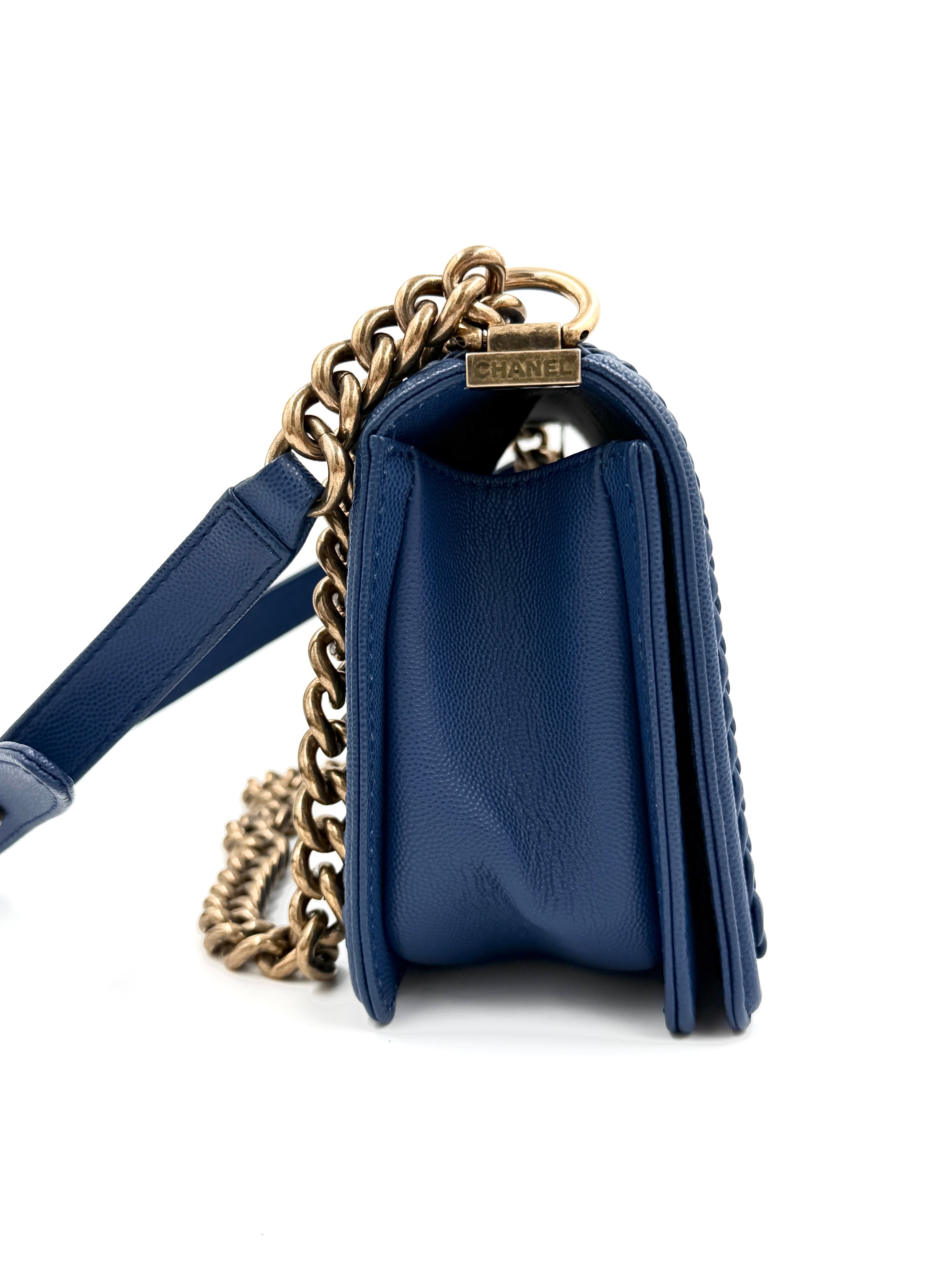 Pre-owned Chanel Medium Chevron Boy Bag Blue Caviar Leather Braided Trim - Authenticated
