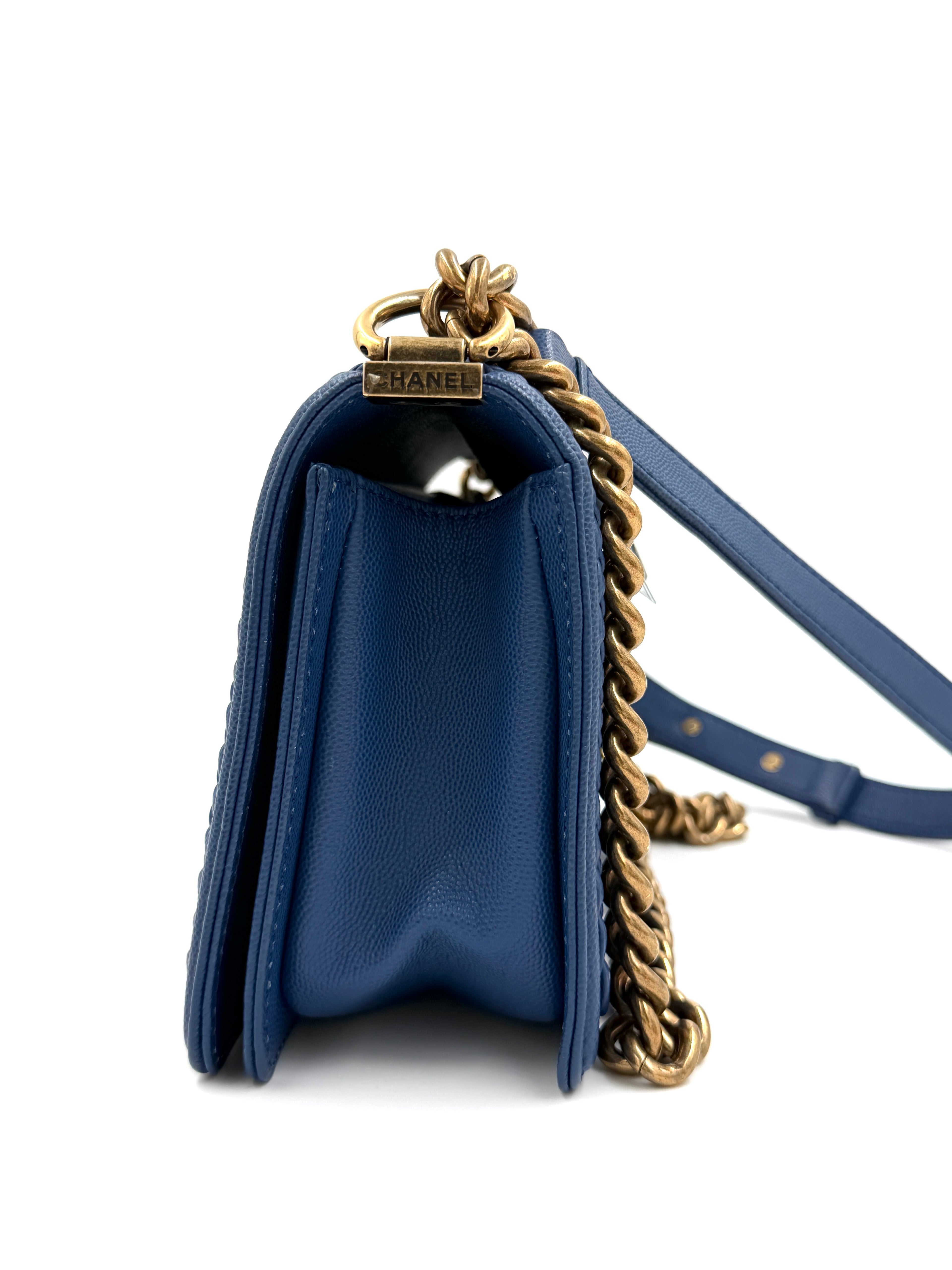 Pre-owned Chanel Medium Chevron Boy Bag Blue Caviar Leather Braided Trim - Authenticated