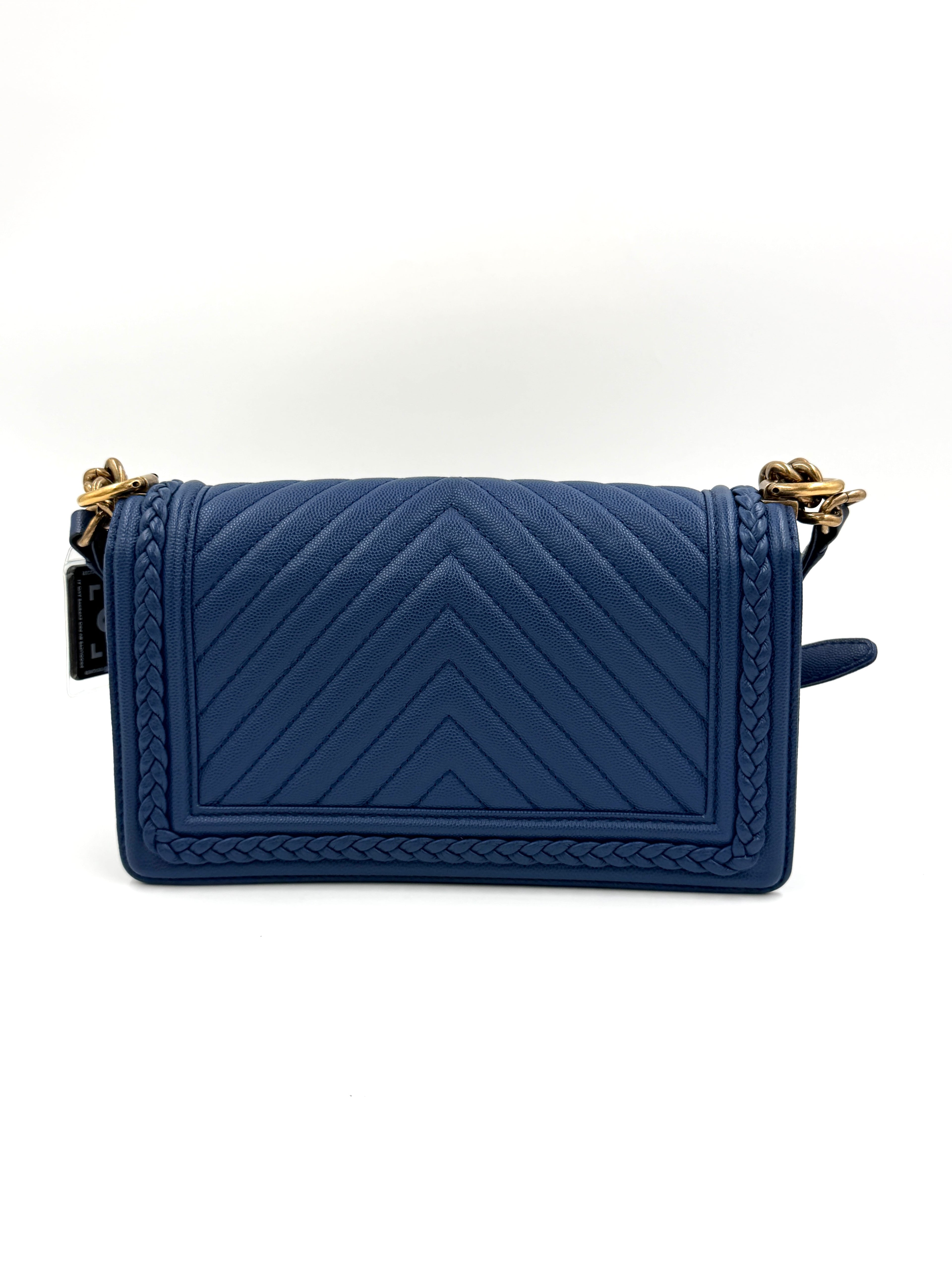 Pre-owned Chanel Medium Chevron Boy Bag Blue Caviar Leather Braided Trim - Authenticated