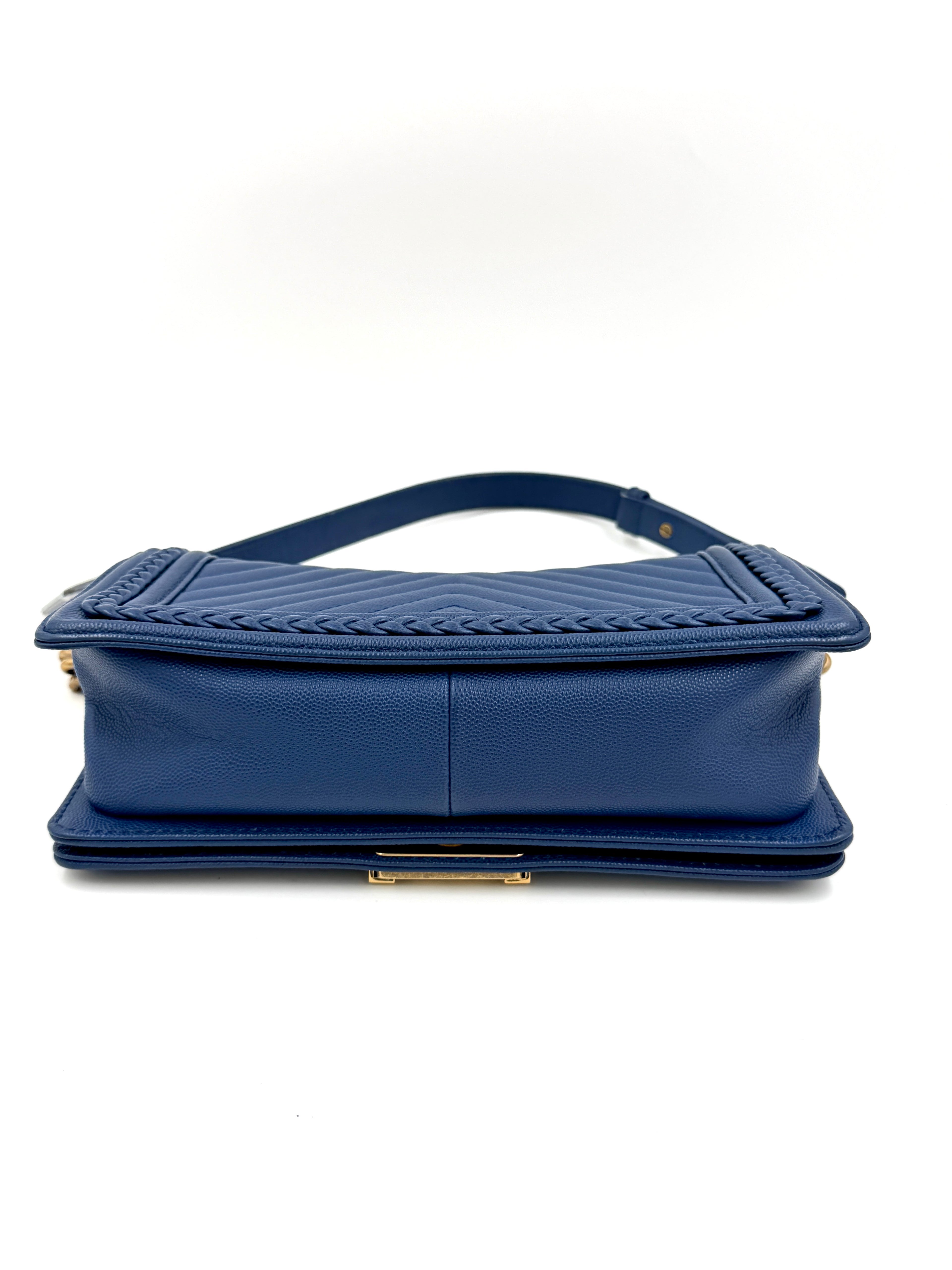 Pre-owned Chanel Medium Chevron Boy Bag Blue Caviar Leather Braided Trim - Authenticated