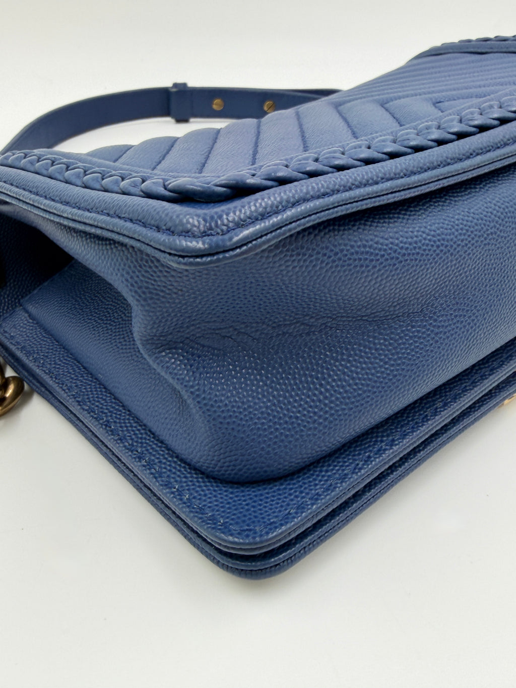 Pre-owned Chanel Medium Chevron Boy Bag Blue Caviar Leather Braided Trim - Authenticated