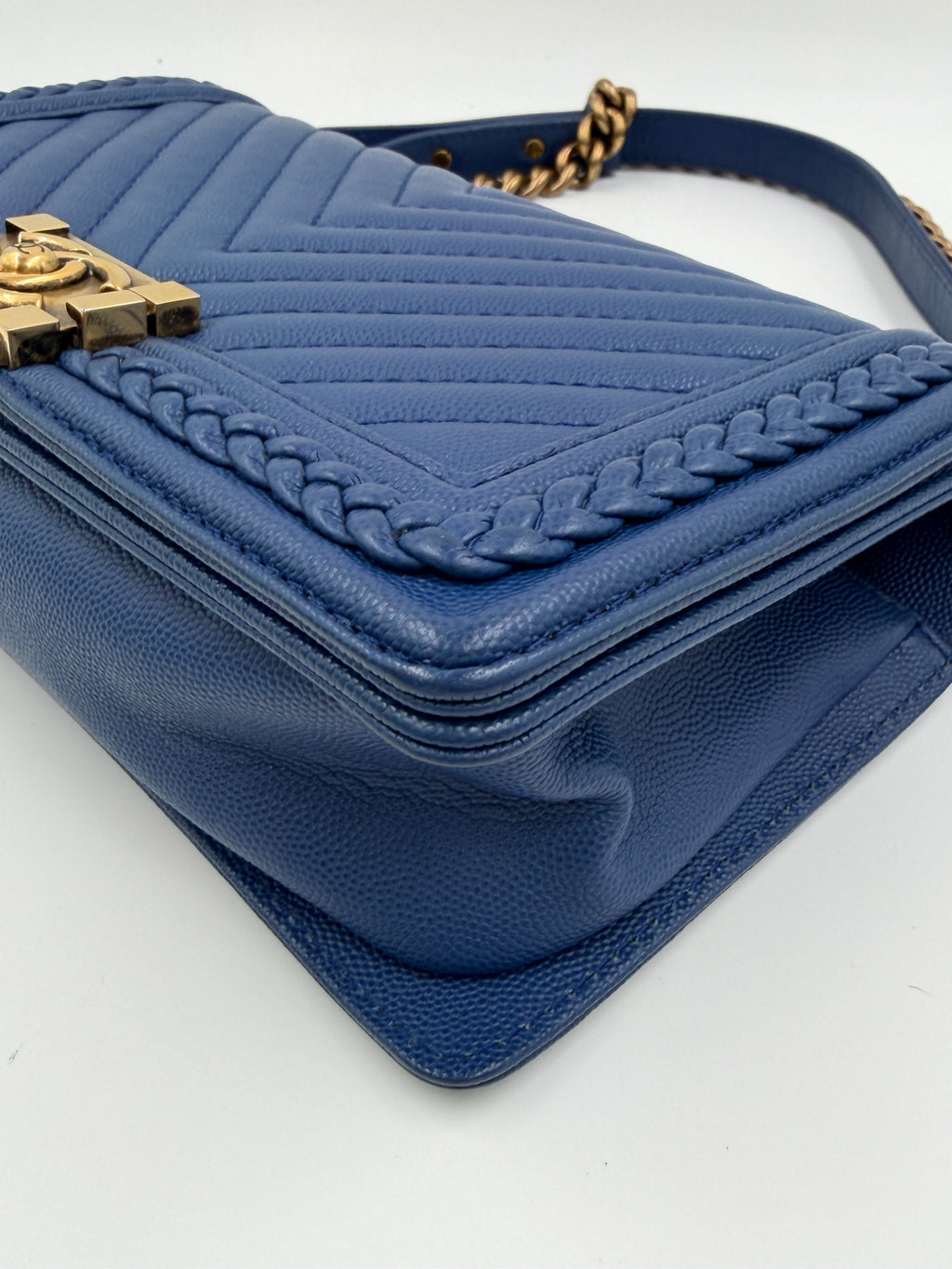 Pre-owned Chanel Medium Chevron Boy Bag Blue Caviar Leather Braided Trim - Authenticated