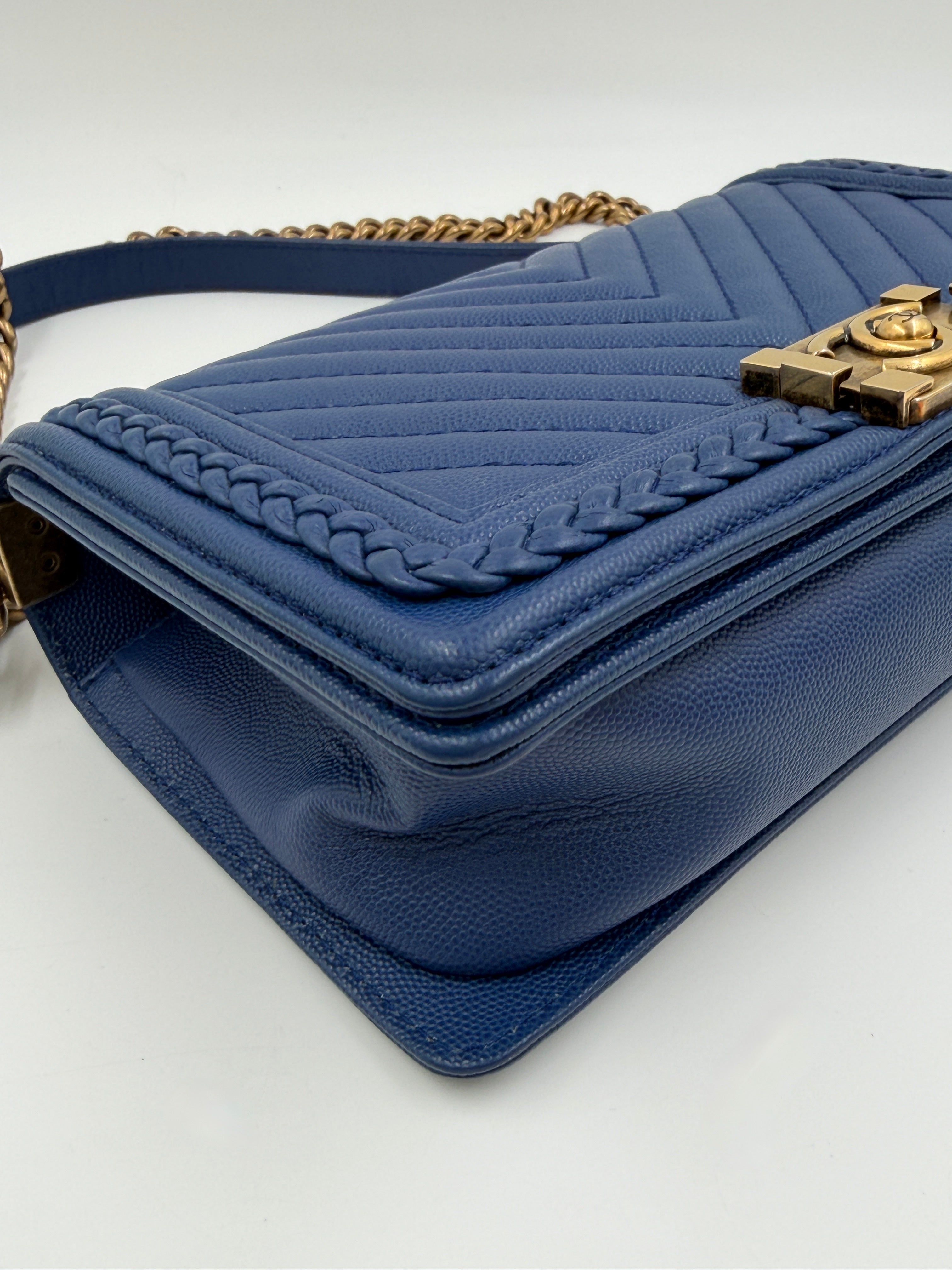 Pre-owned Chanel Medium Chevron Boy Bag Blue Caviar Leather Braided Trim - Authenticated
