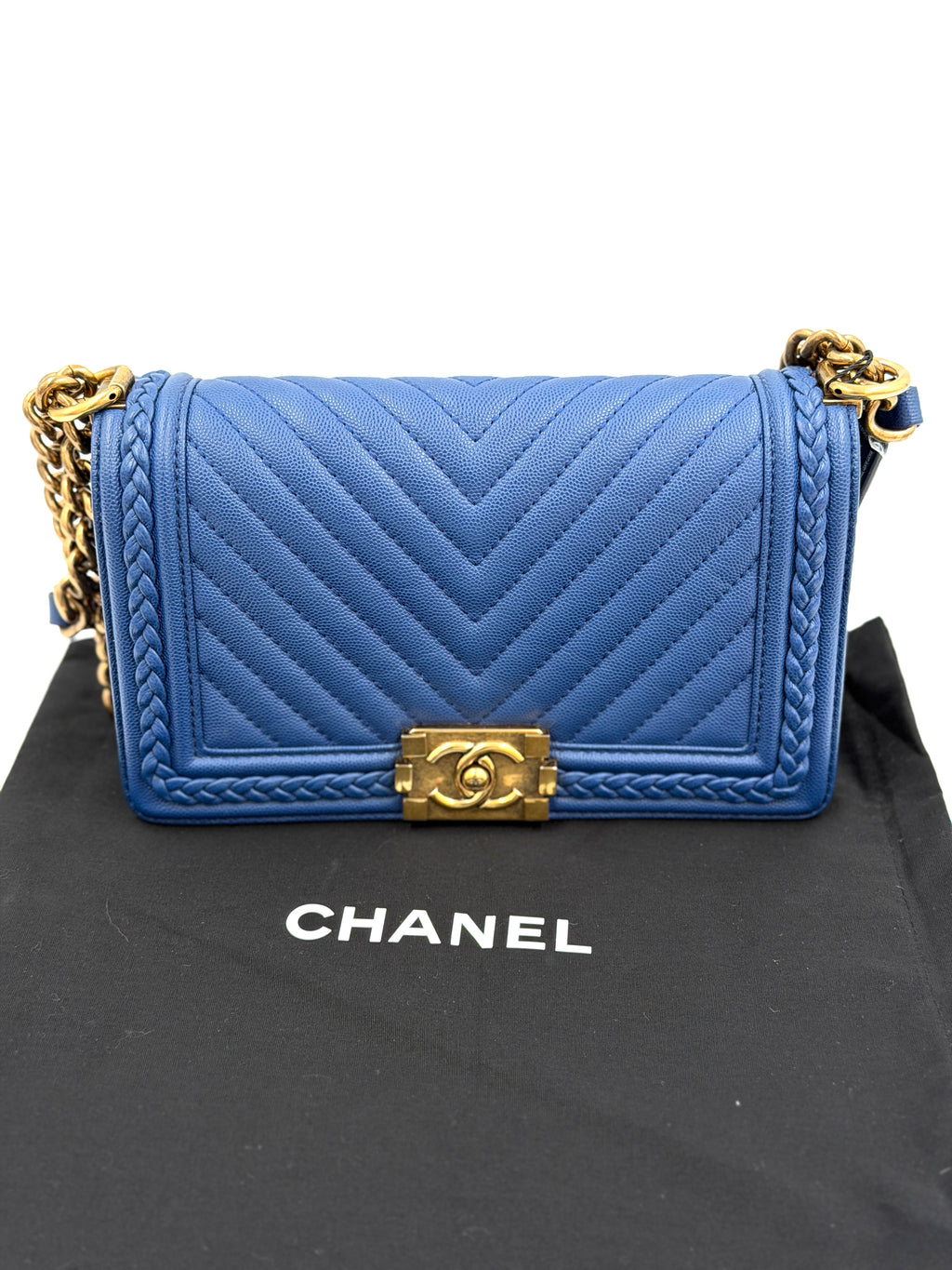 Pre-owned Chanel Medium Chevron Boy Bag Blue Caviar Leather Braided Trim - Authenticated