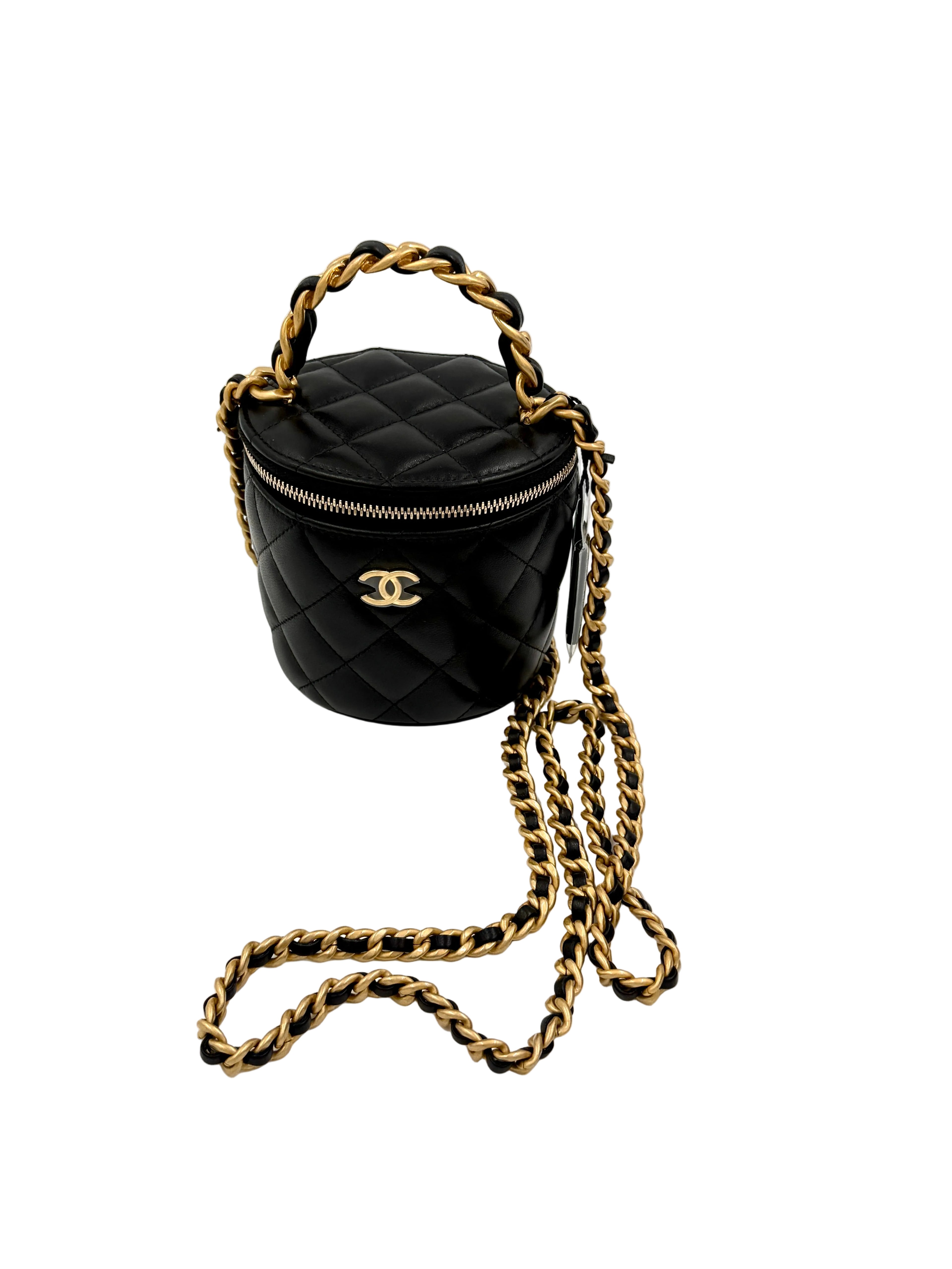 Pre-owned CHANEL Black Lambskin Quilted Afternoon Tea Top Handle Vanity Case Authenticated