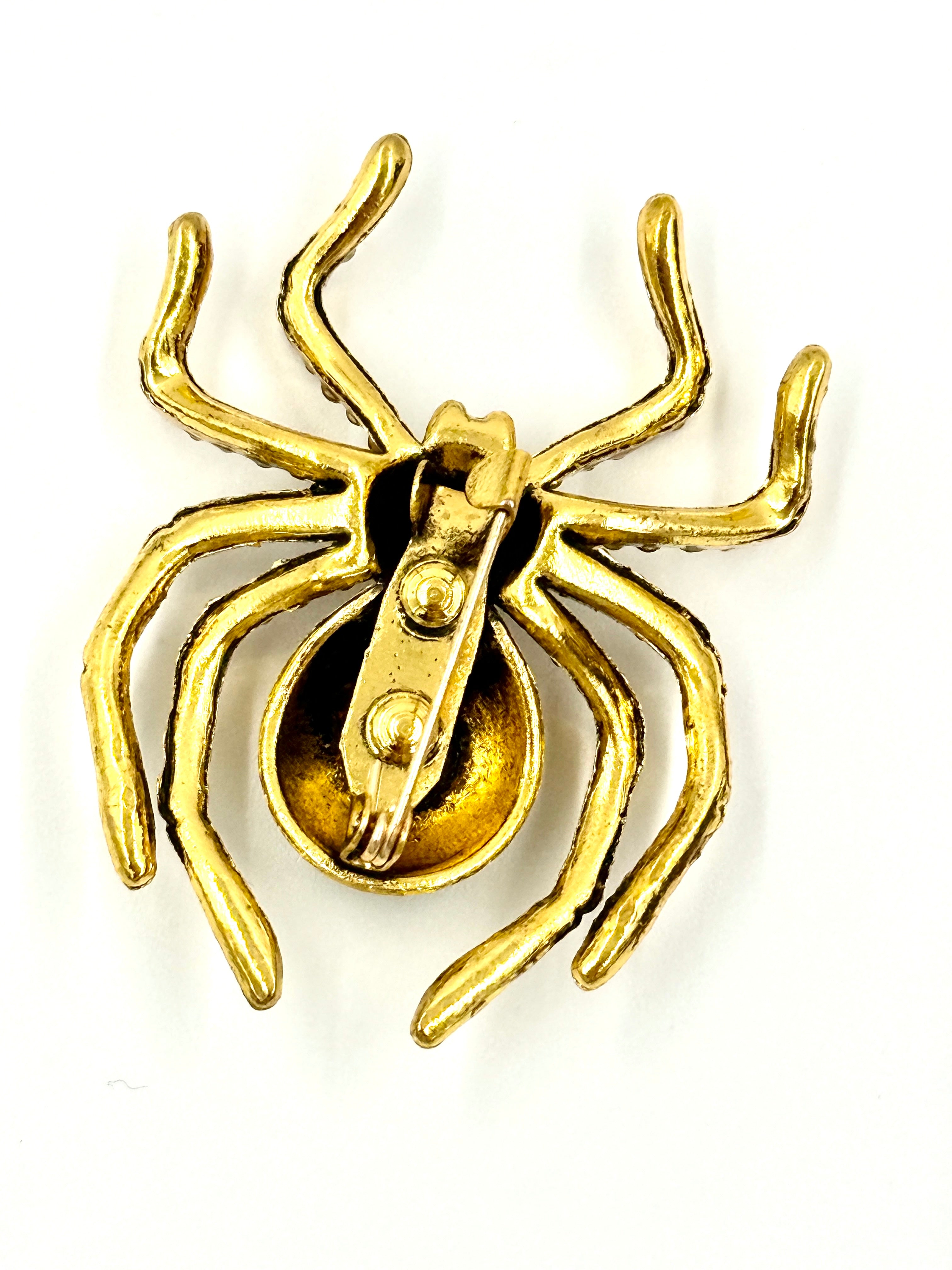 Pre-Owned Vintage Spider Brooch Gold Tone Green Crystals