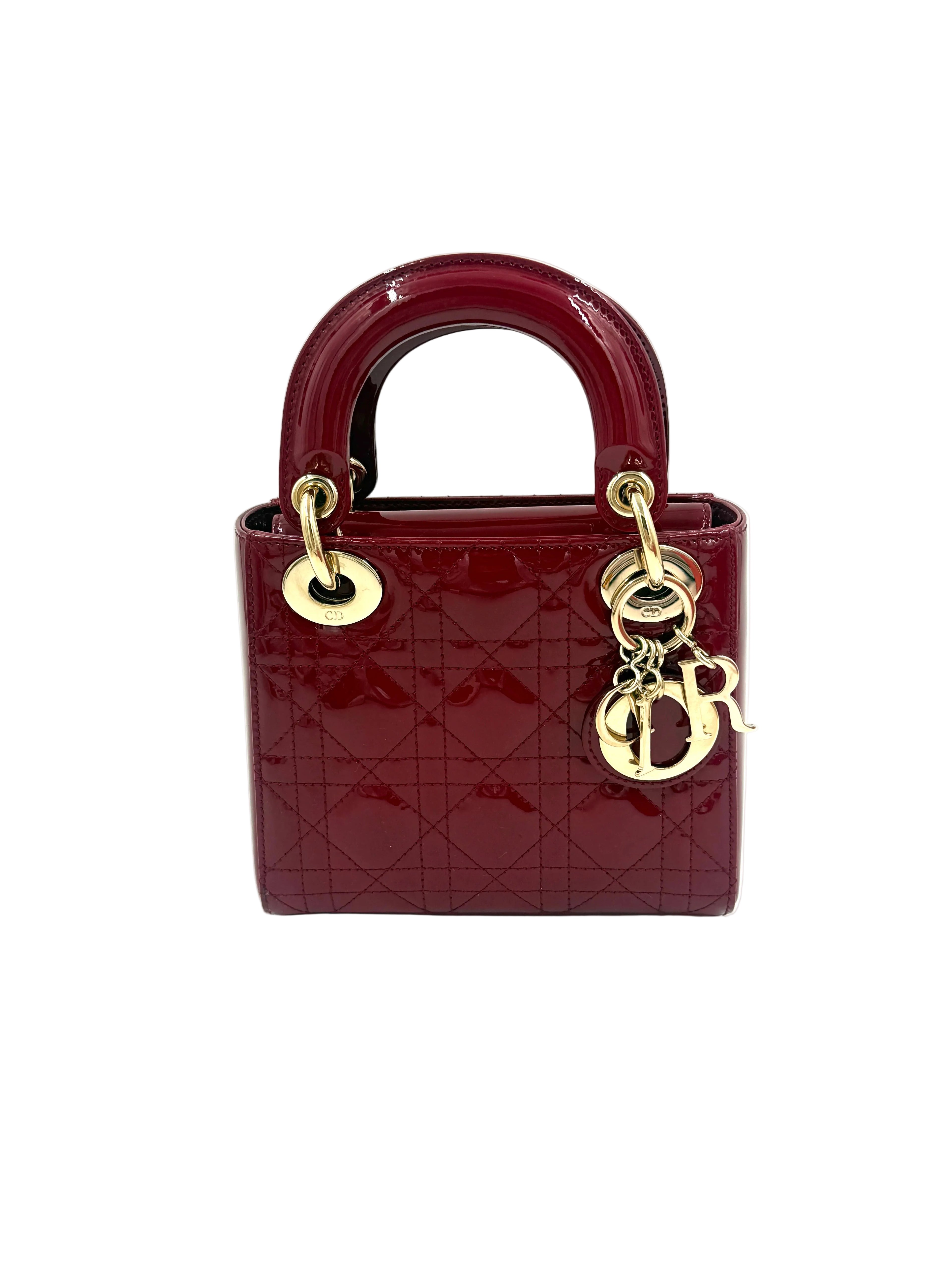Pre-Owned Christian Dior Mini Lady Dior Bag Cherry Red Patent Cannage Calfskin - Authenticated