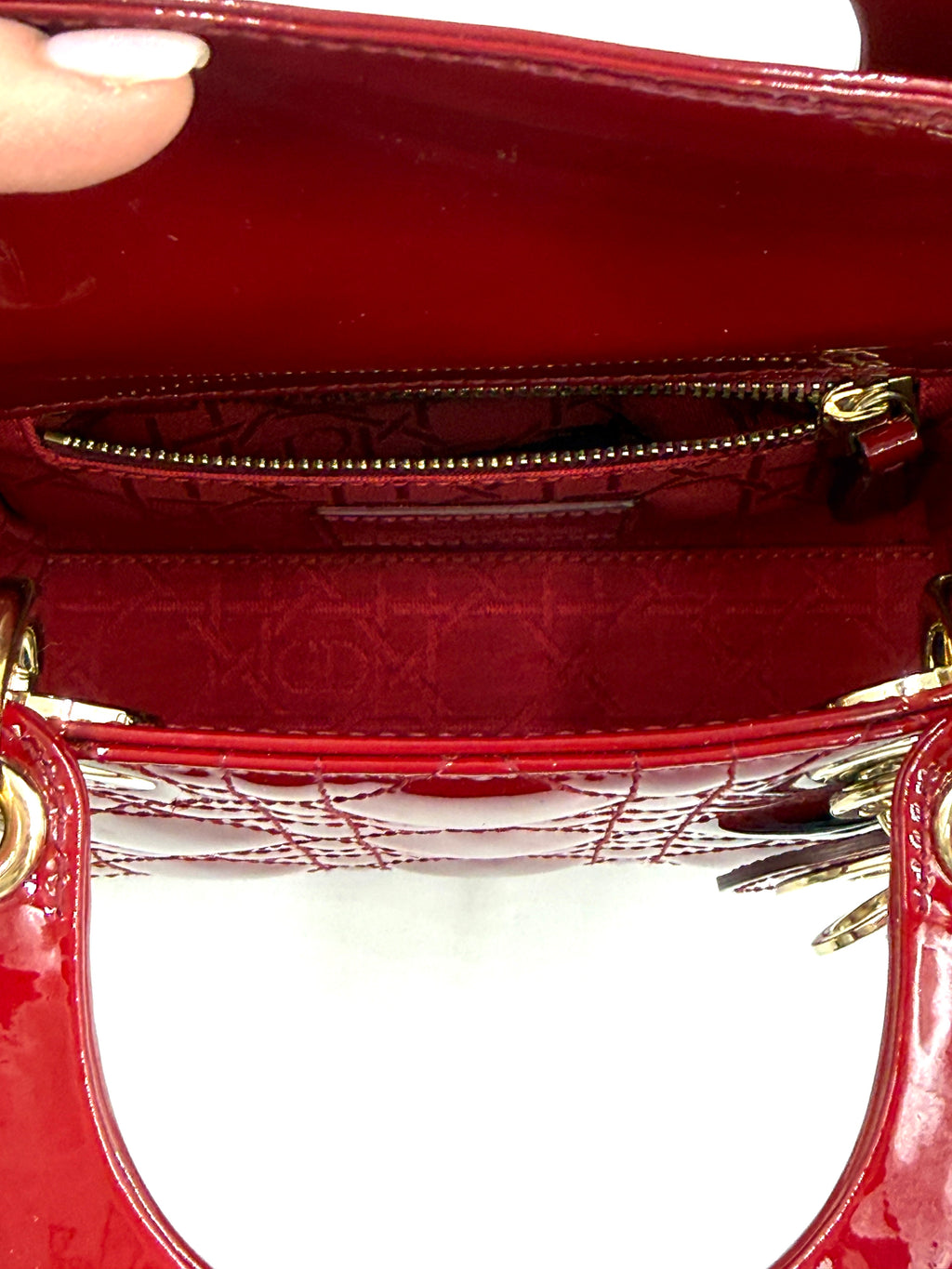 Pre-Owned Christian Dior Mini Lady Dior Bag Cherry Red Patent Cannage Calfskin - Authenticated