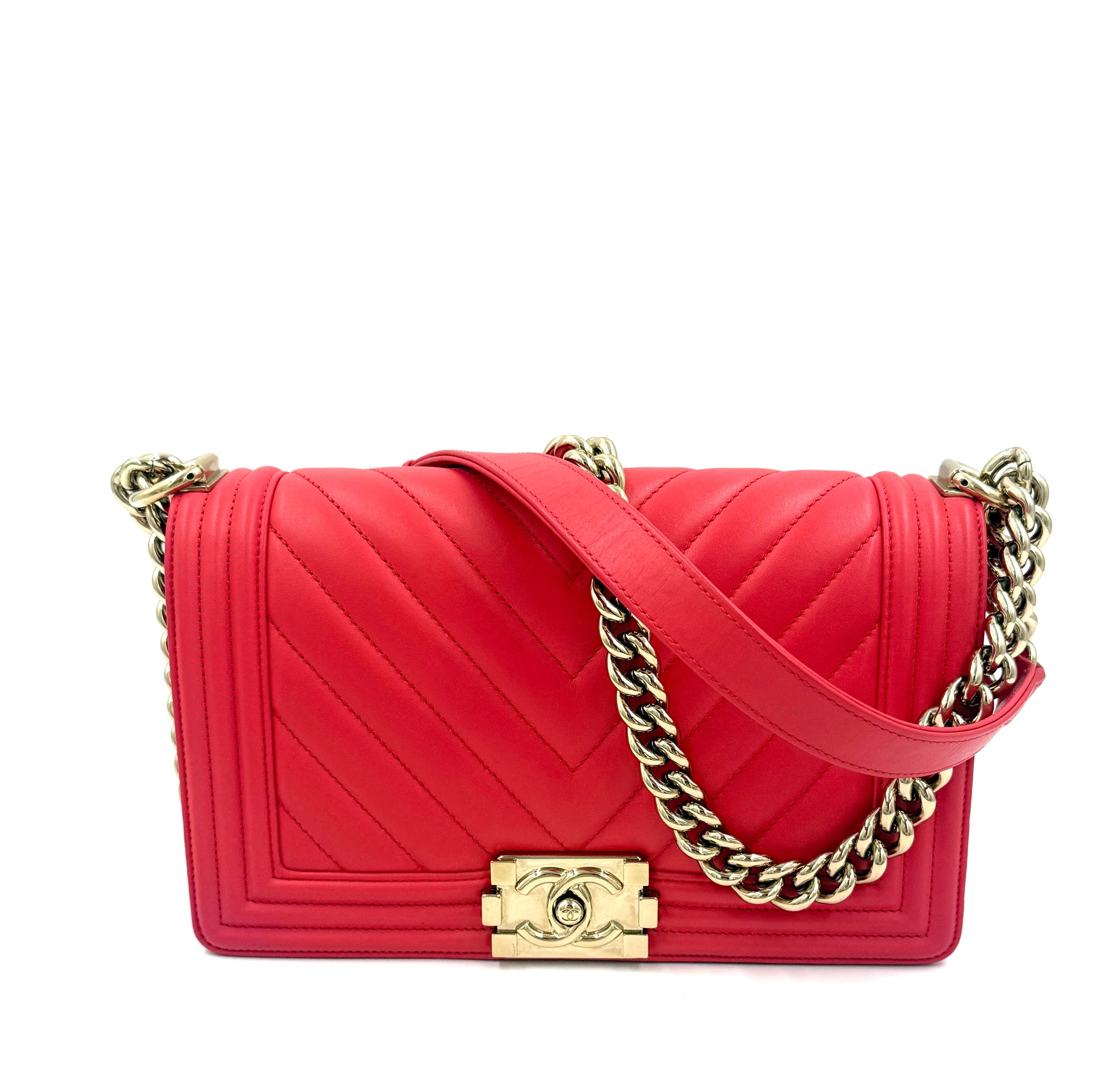 Pre-Owned Chanel Chevron Boy Bag Coral with Champagne Gold Hardware - Authenticated