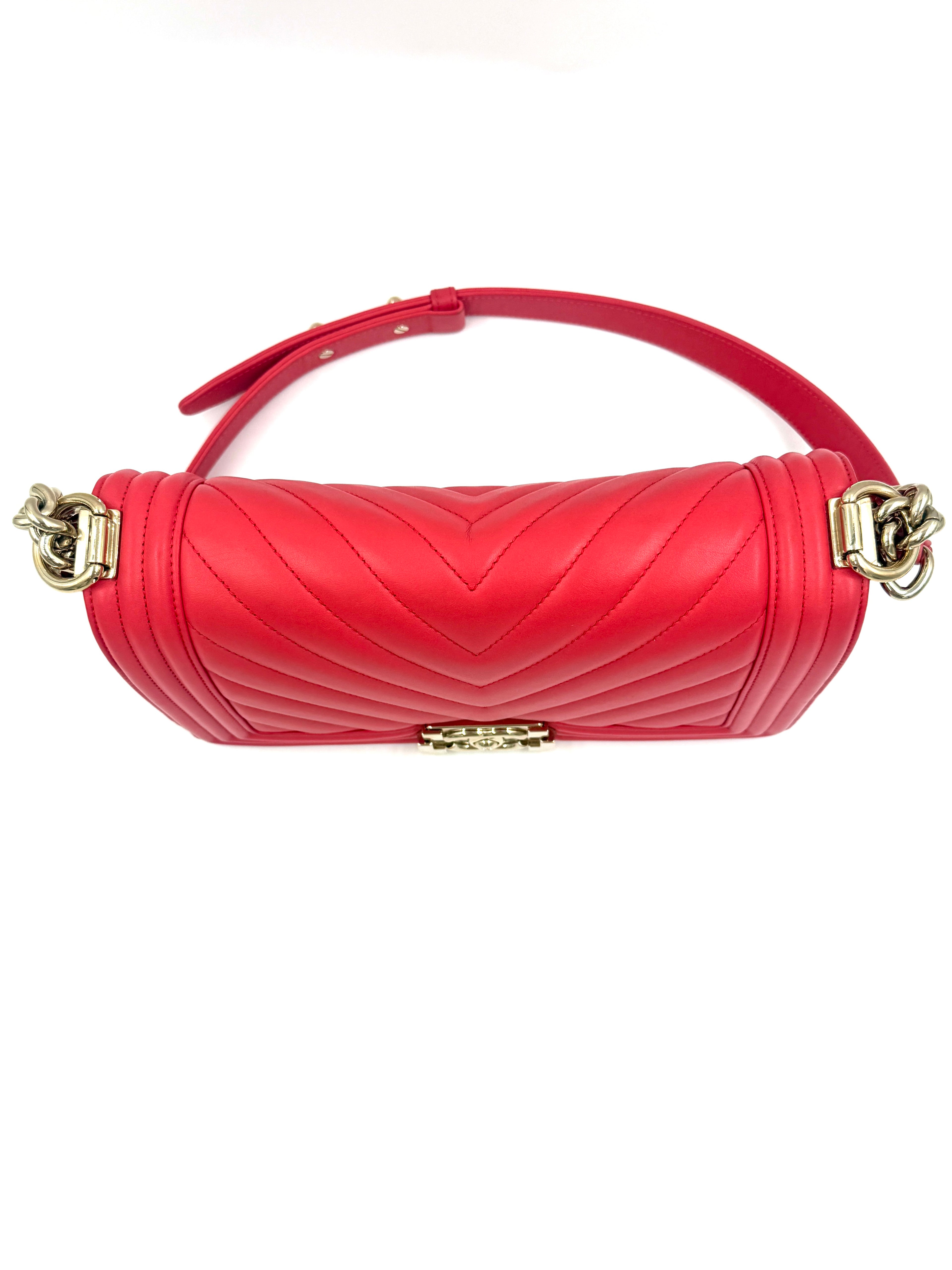 Pre-Owned Chanel Chevron Boy Bag Coral with Champagne Gold Hardware - Authenticated