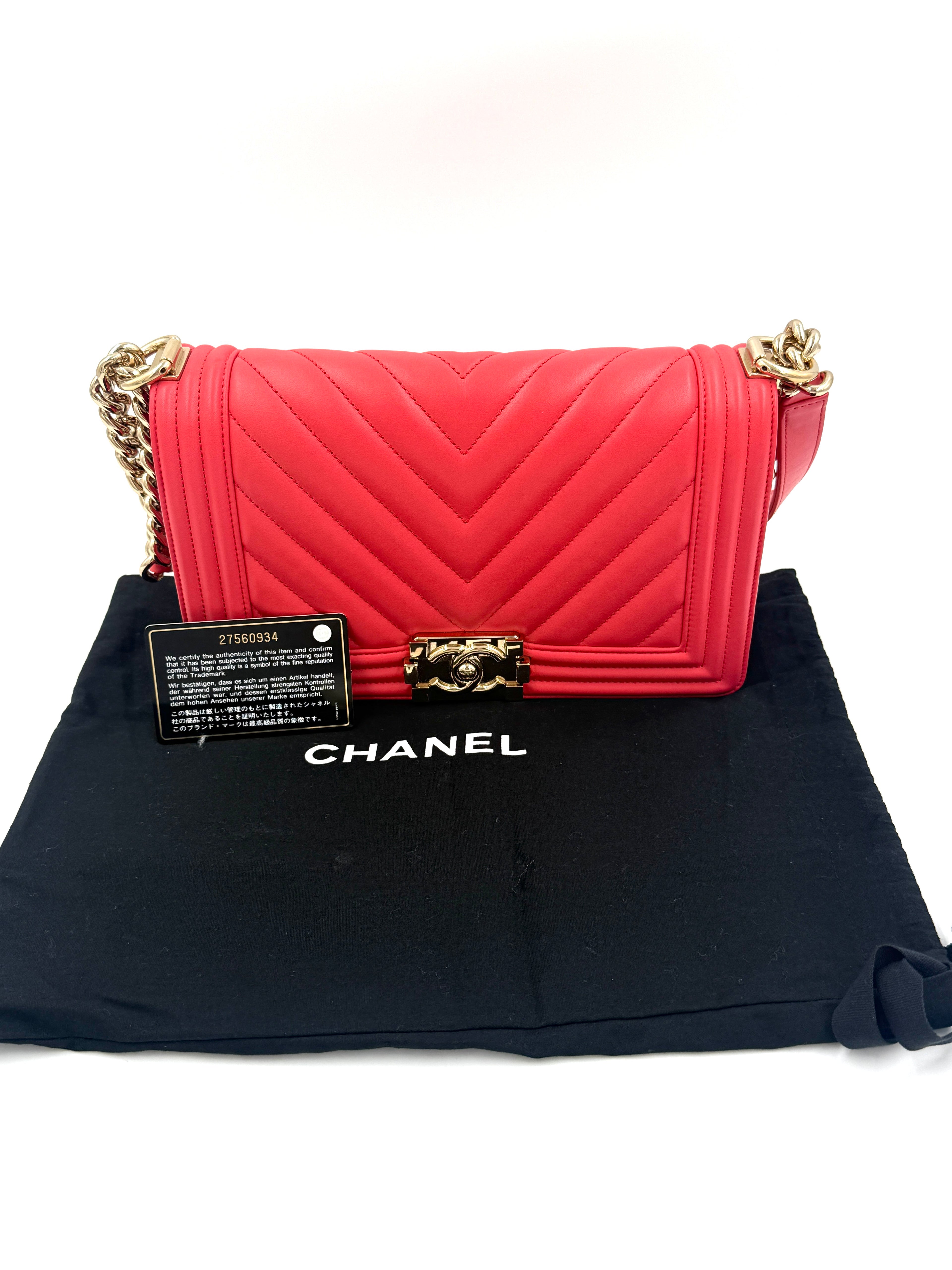 Pre-Owned Chanel Chevron Boy Bag Coral with Champagne Gold Hardware - Authenticated
