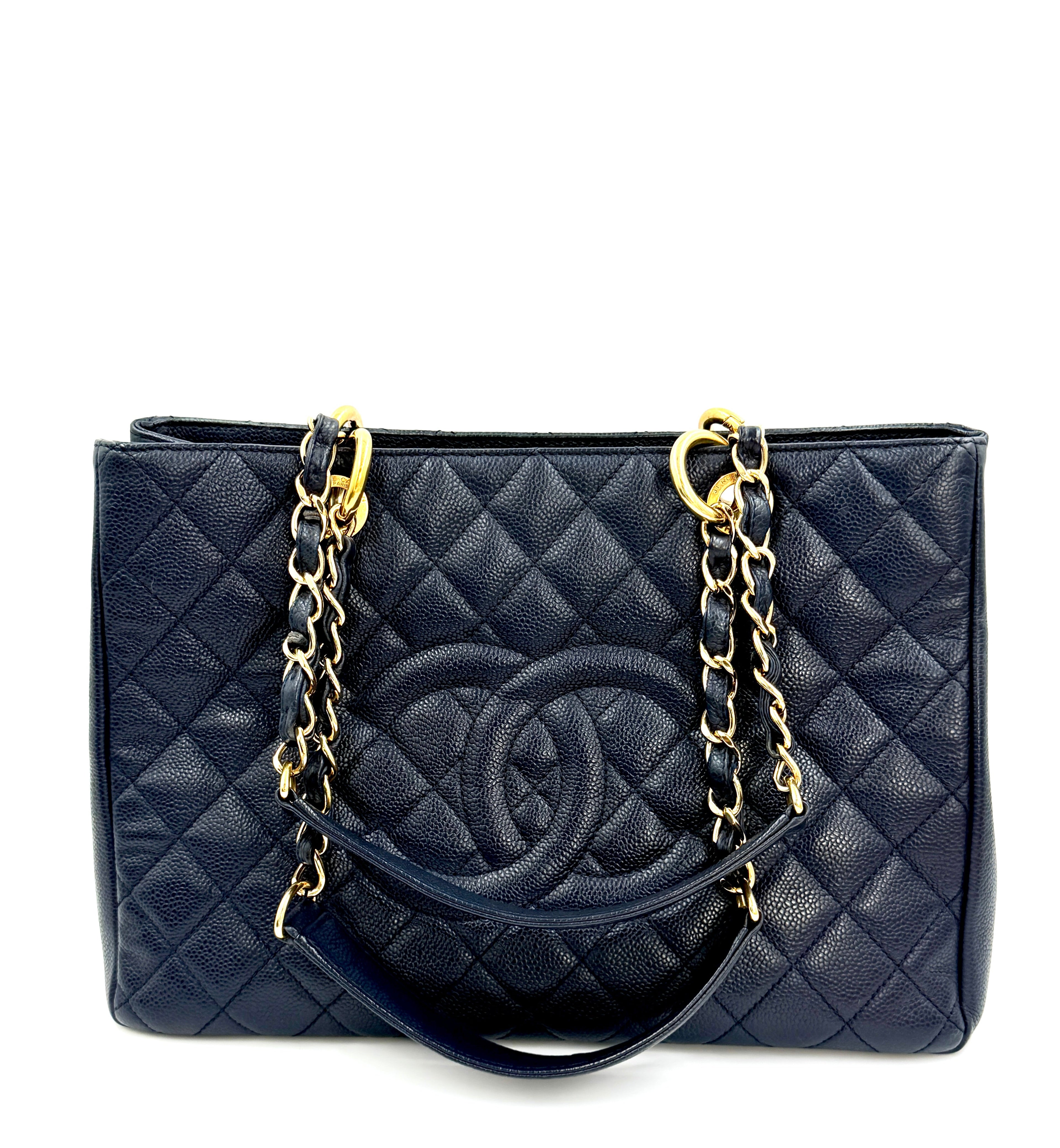 Pre-owned Chanel Navy Blue Caviar GST Grand Shopping Tote Gold Hardware - Authenticated