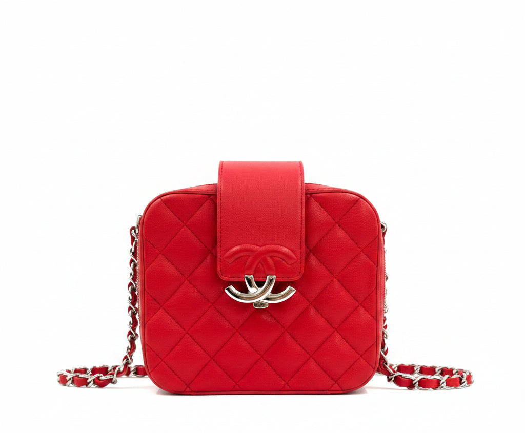 Pre-Owned CHANEL Mini CC Box Camera Bag with Silver Hardware Red - Authenticated