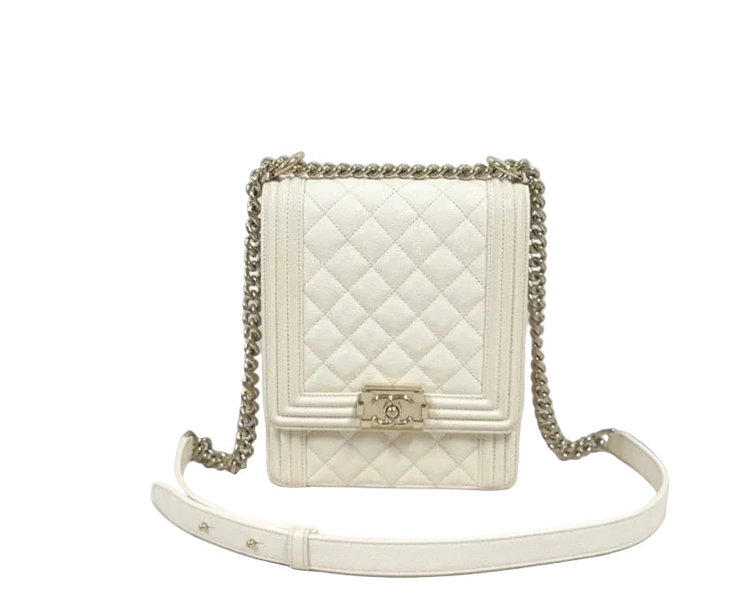 Pre-owned Chanel Ivory Caviar Leather North South Boy Bag Champagne Gold Hardware - Authenticated