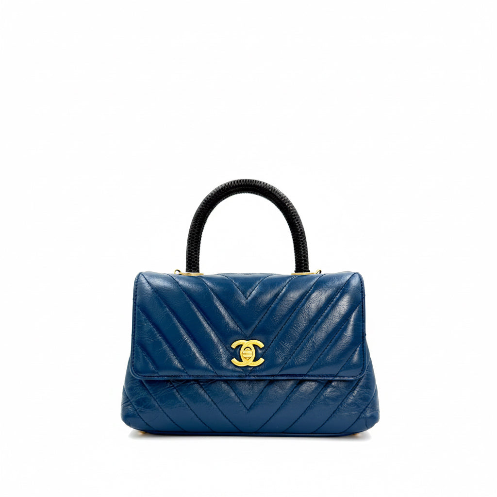 Pre-owned Chanel Mini Coco Handle Blue Chevron Calfskin Lizard Handle - Authenticated