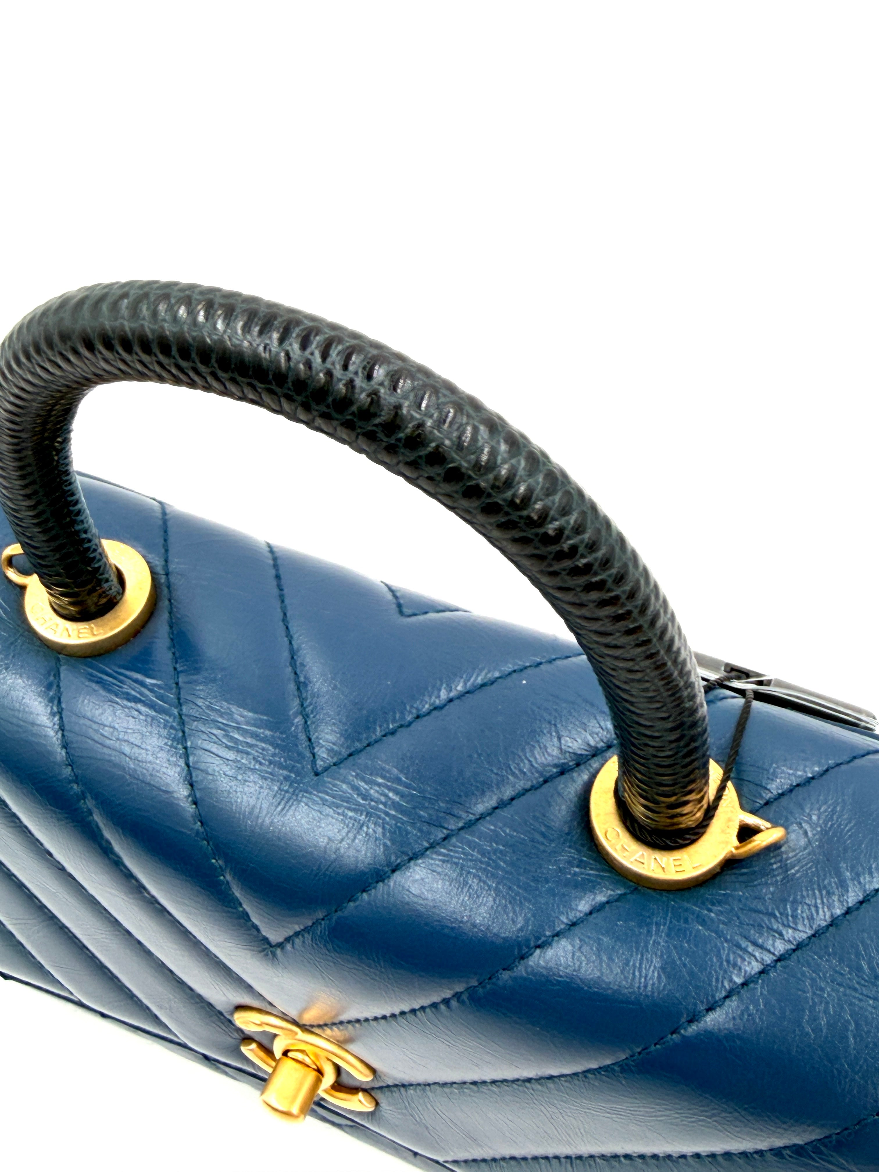 Pre-owned Chanel Mini Coco Handle Blue Chevron Calfskin Lizard Handle - Authenticated