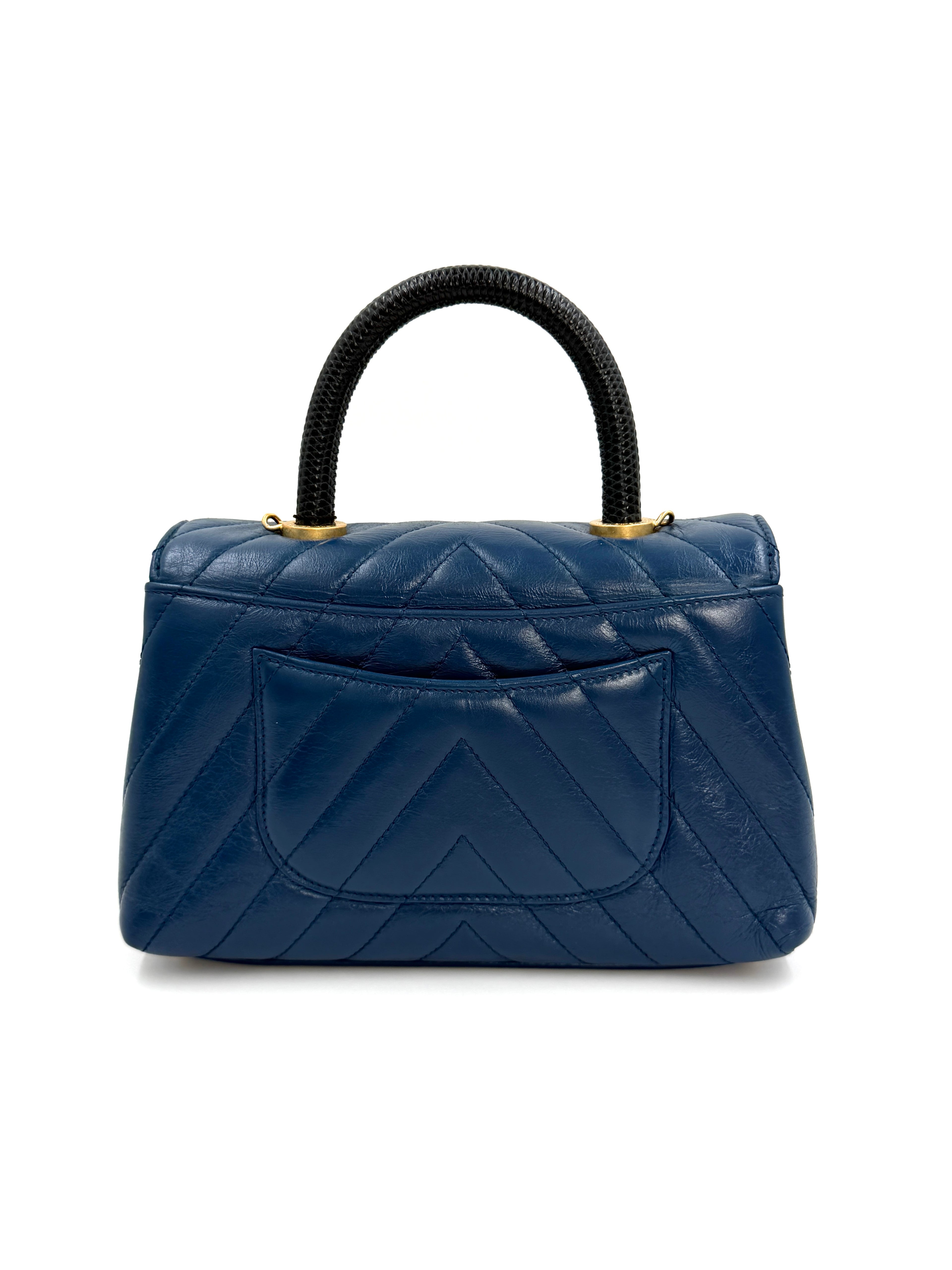 Pre-owned Chanel Mini Coco Handle Blue Chevron Calfskin Lizard Handle - Authenticated