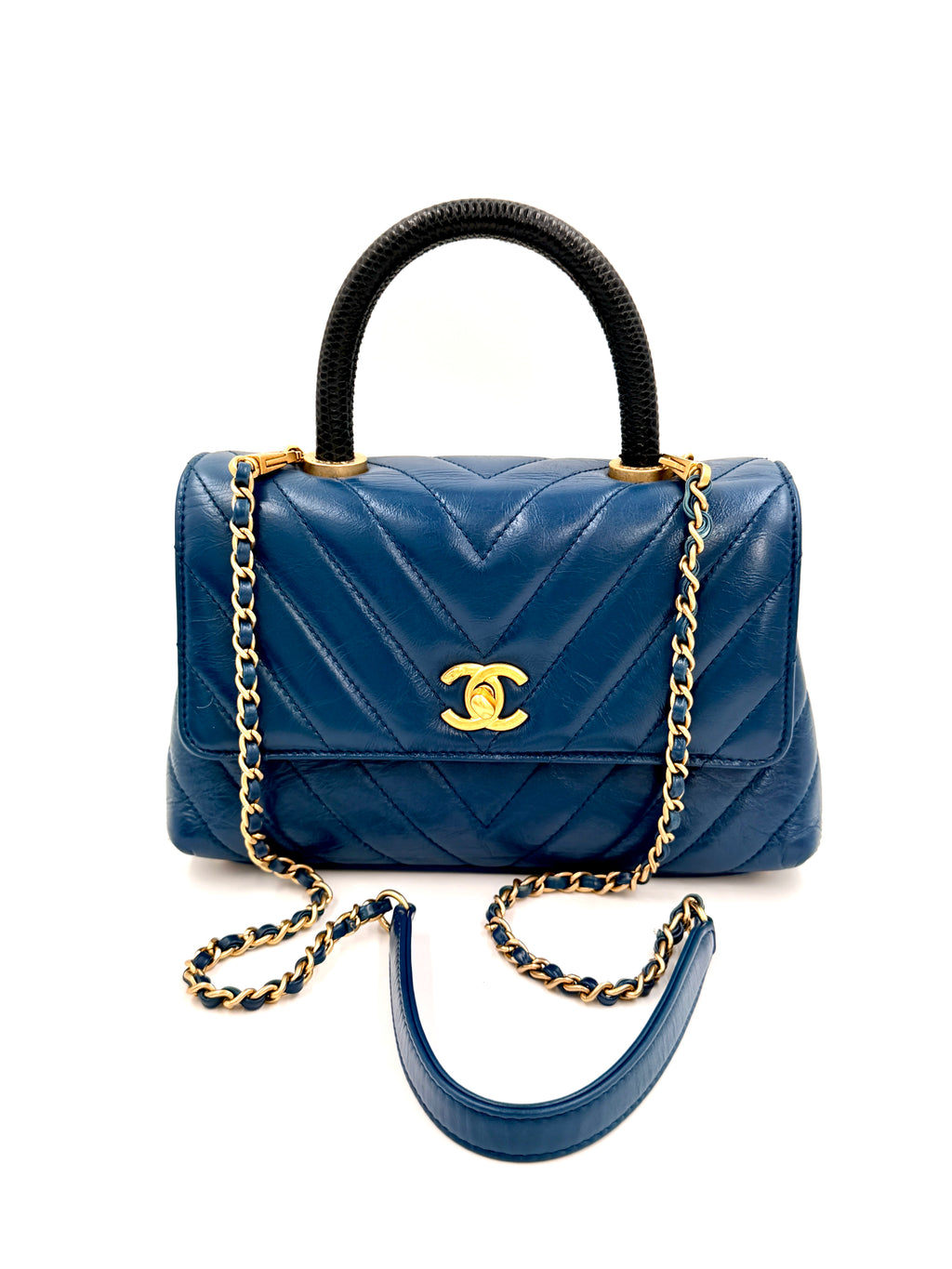 Pre-owned Chanel Mini Coco Handle Blue Chevron Calfskin Lizard Handle - Authenticated
