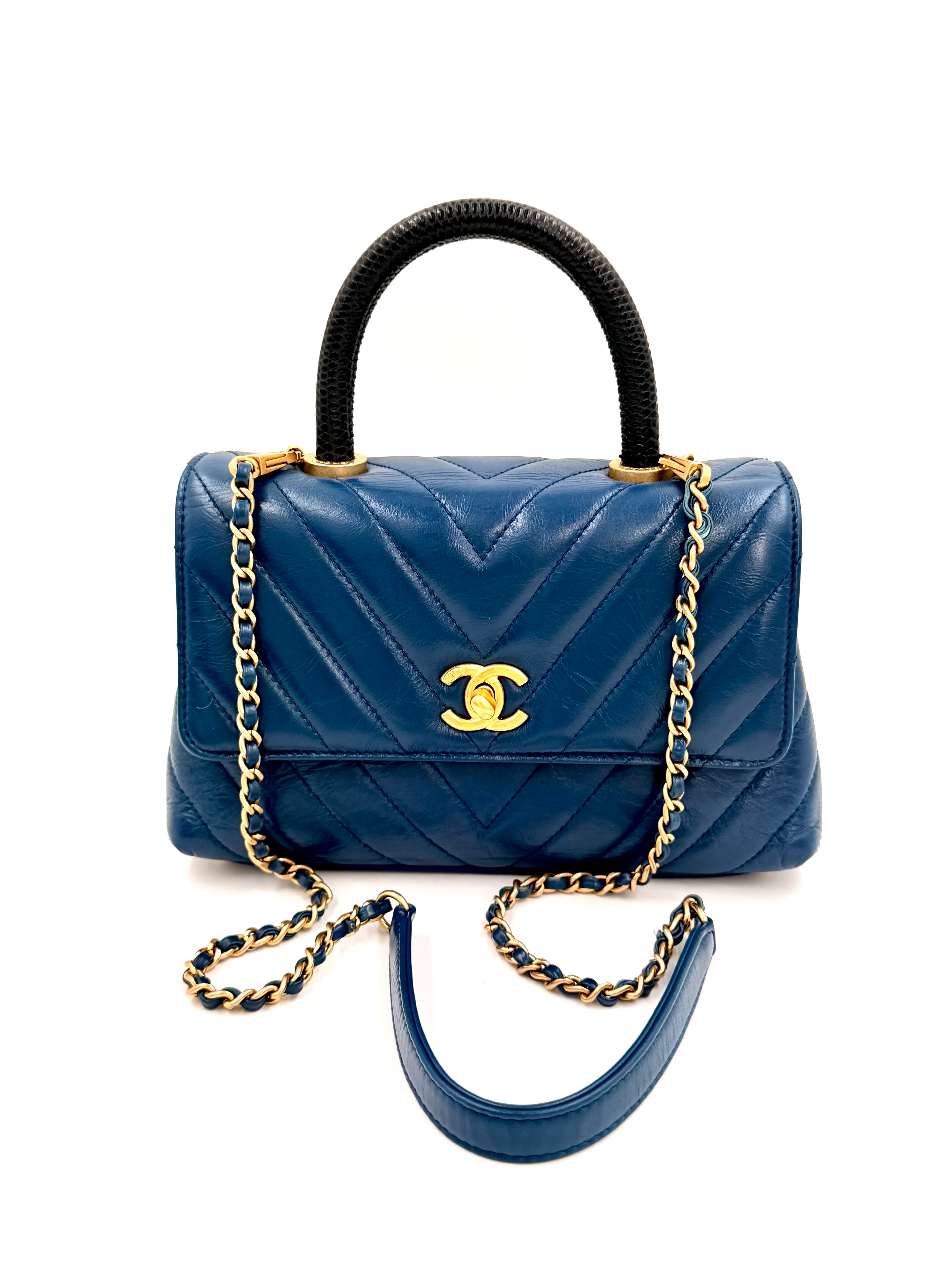 Pre-owned Chanel Mini Coco Handle Blue Chevron Calfskin Lizard Handle - Authenticated
