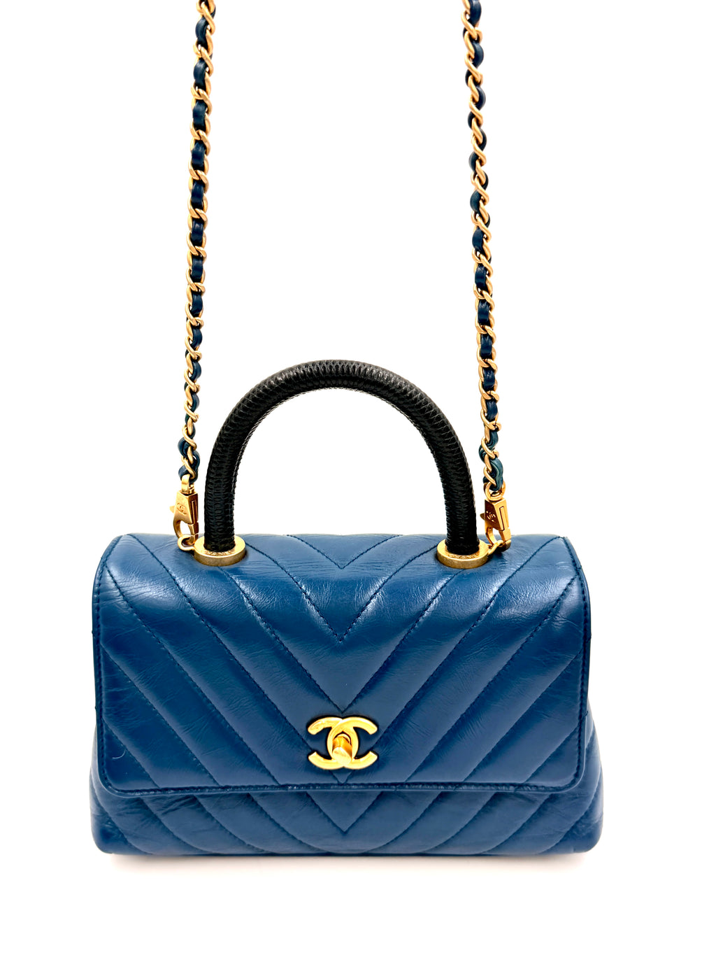 Pre-owned Chanel Mini Coco Handle Blue Chevron Calfskin Lizard Handle - Authenticated