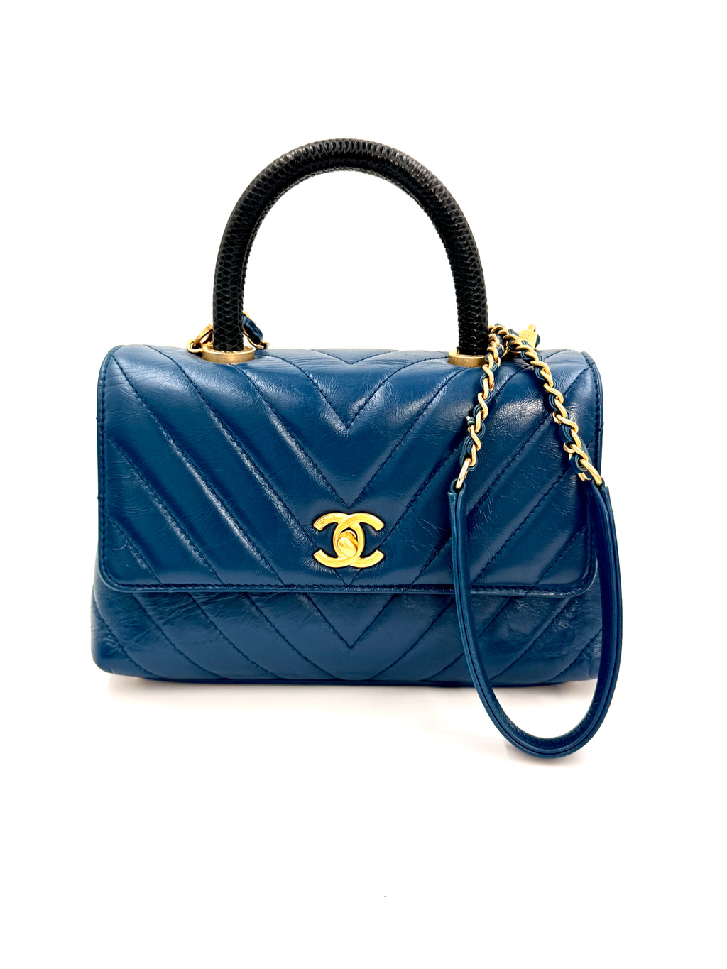 Pre-owned Chanel Mini Coco Handle Blue Chevron Calfskin Lizard Handle - Authenticated