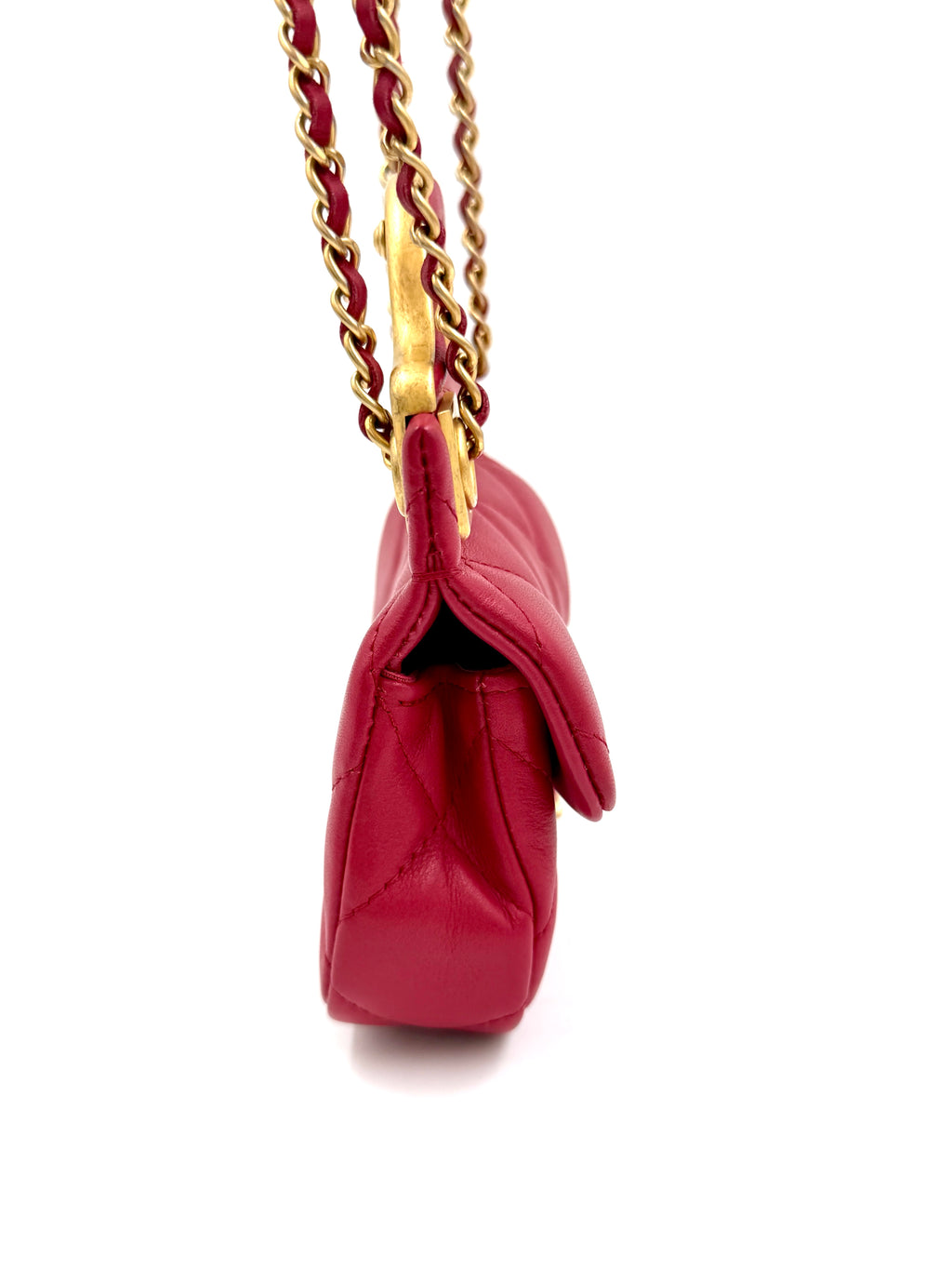 Pre-owned Chanel Cranberry Quilted Lady Handle Flap Card Holder with Chain - Authenticated