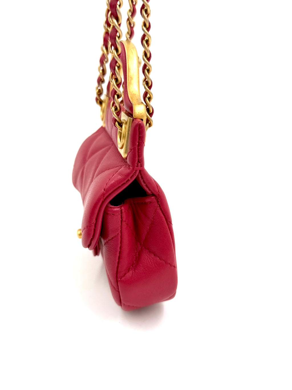 Pre-owned Chanel Cranberry Quilted Lady Handle Flap Card Holder with Chain - Authenticated