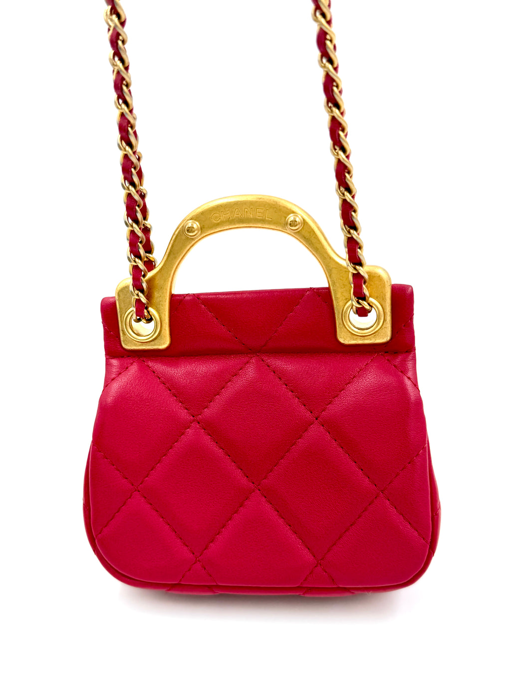 Pre-owned Chanel Cranberry Quilted Lady Handle Flap Card Holder with Chain - Authenticated