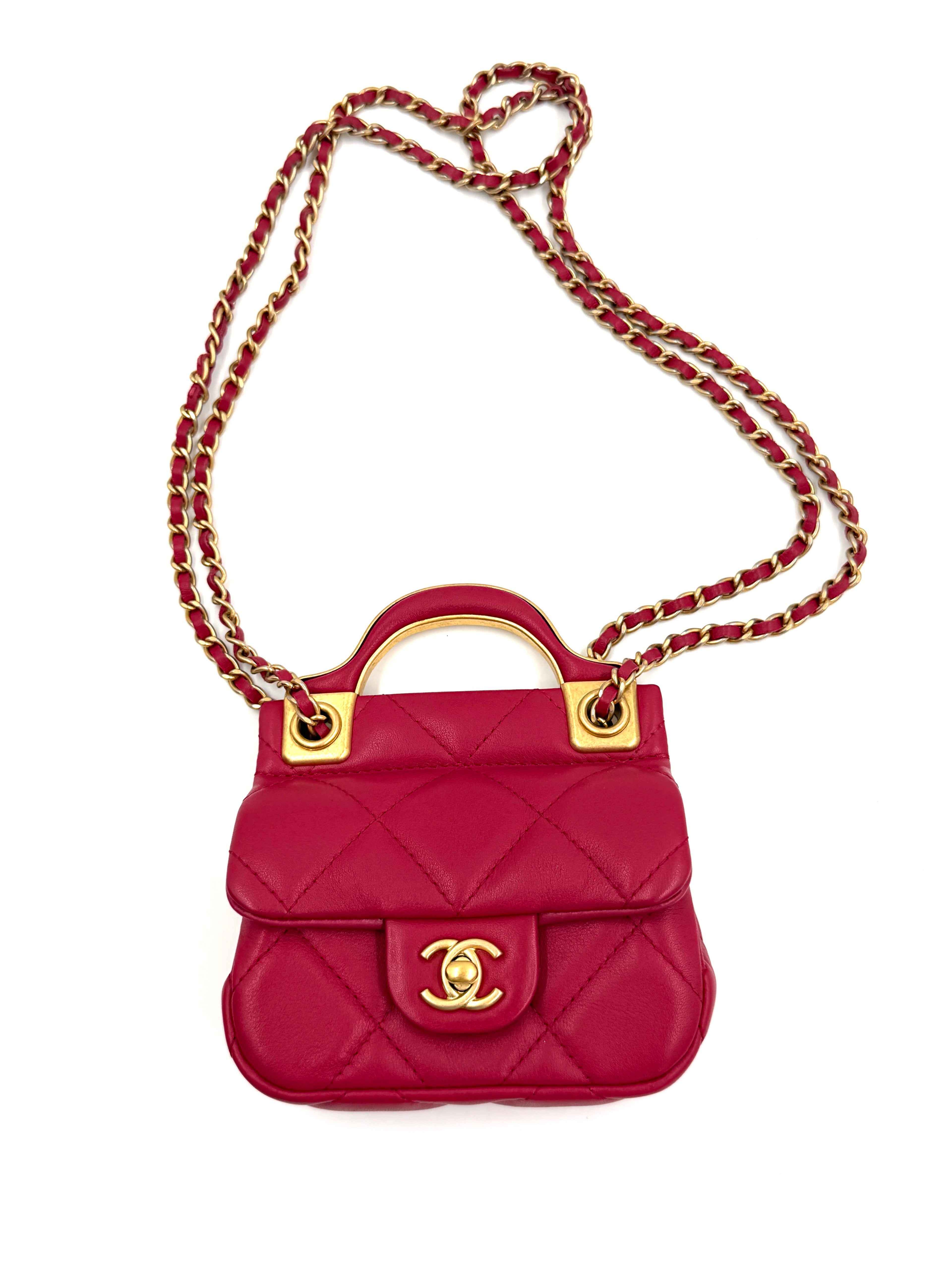 Pre-owned Chanel Cranberry Quilted Lady Handle Flap Card Holder with Chain - Authenticated