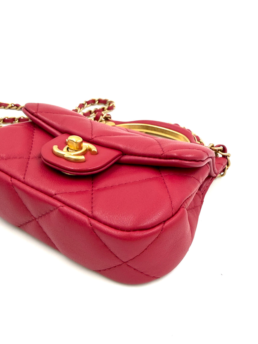 Pre-owned Chanel Cranberry Quilted Lady Handle Flap Card Holder with Chain - Authenticated
