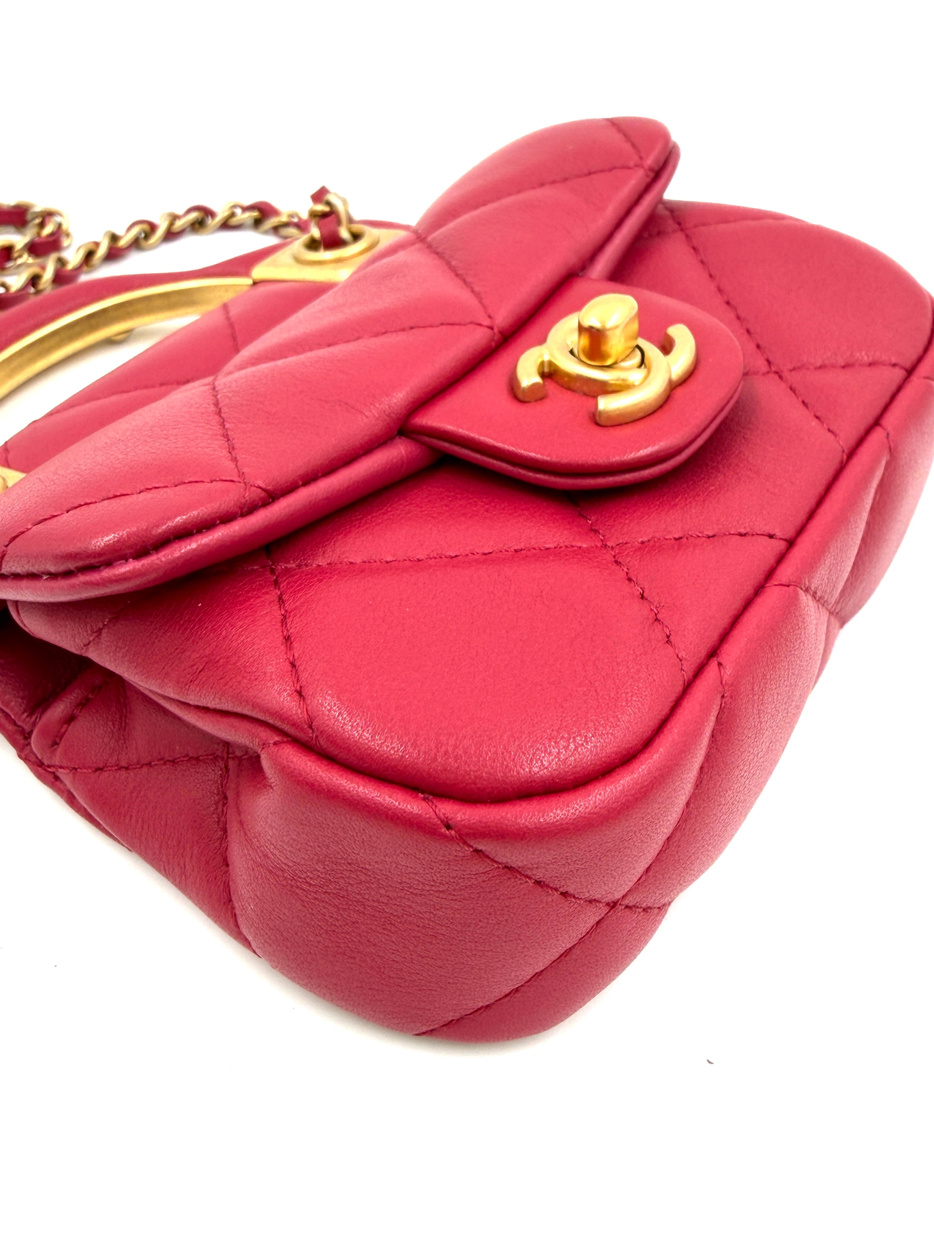 Pre-owned Chanel Cranberry Quilted Lady Handle Flap Card Holder with Chain - Authenticated