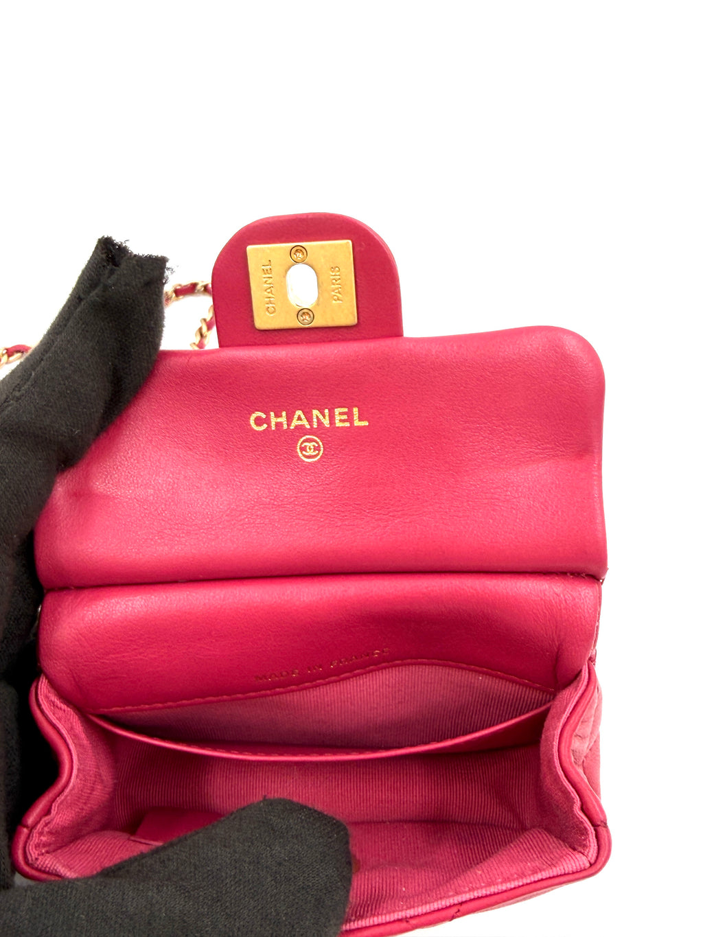 Pre-owned Chanel Cranberry Quilted Lady Handle Flap Card Holder with Chain - Authenticated
