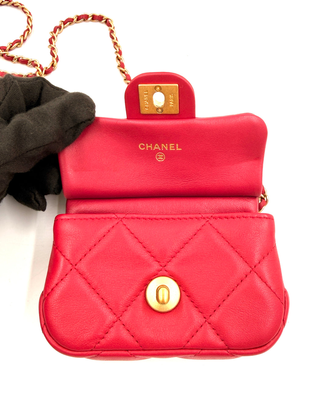 Pre-owned Chanel Cranberry Quilted Lady Handle Flap Card Holder with Chain - Authenticated