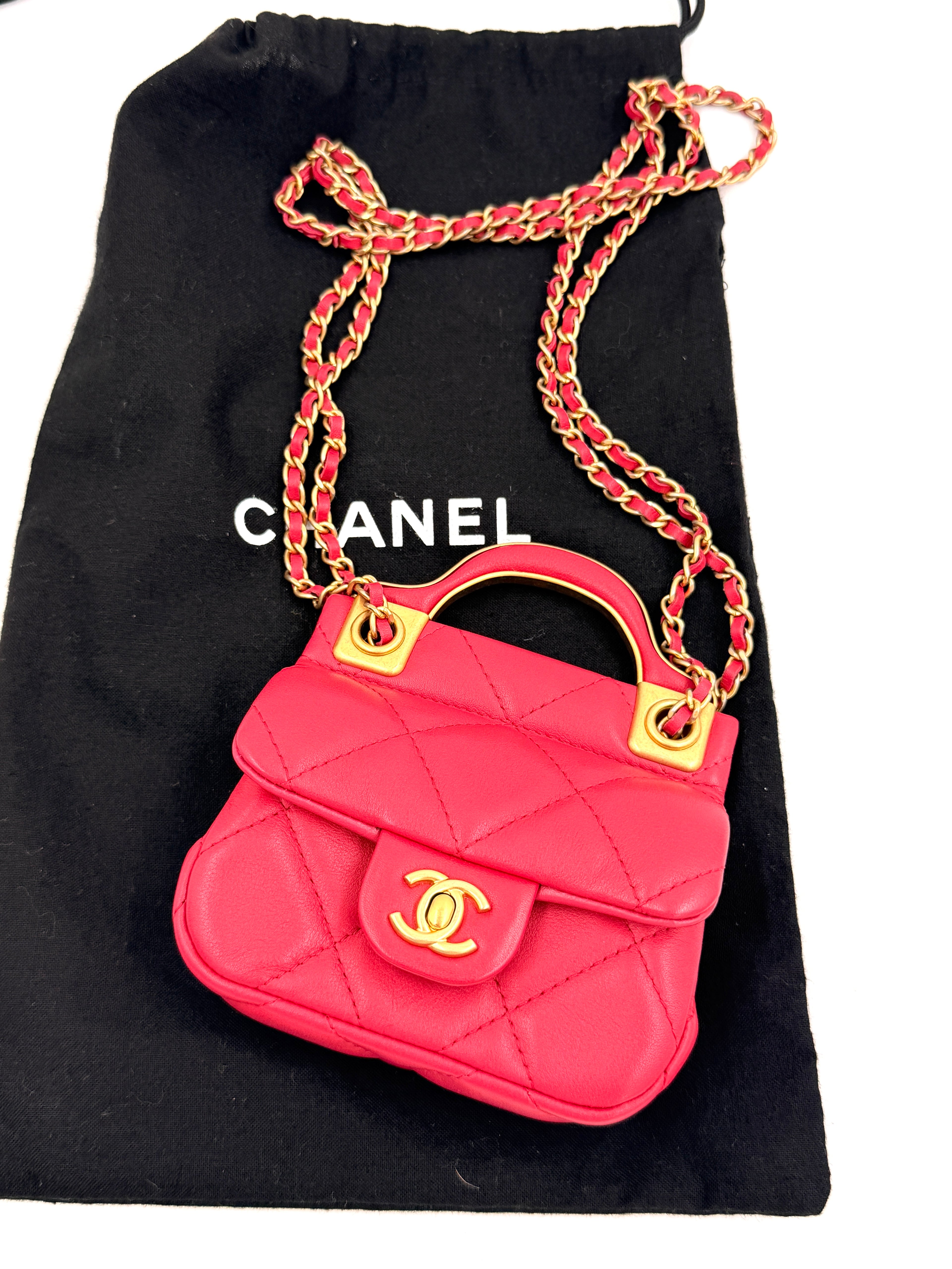Pre-owned Chanel Cranberry Quilted Lady Handle Flap Card Holder with Chain - Authenticated